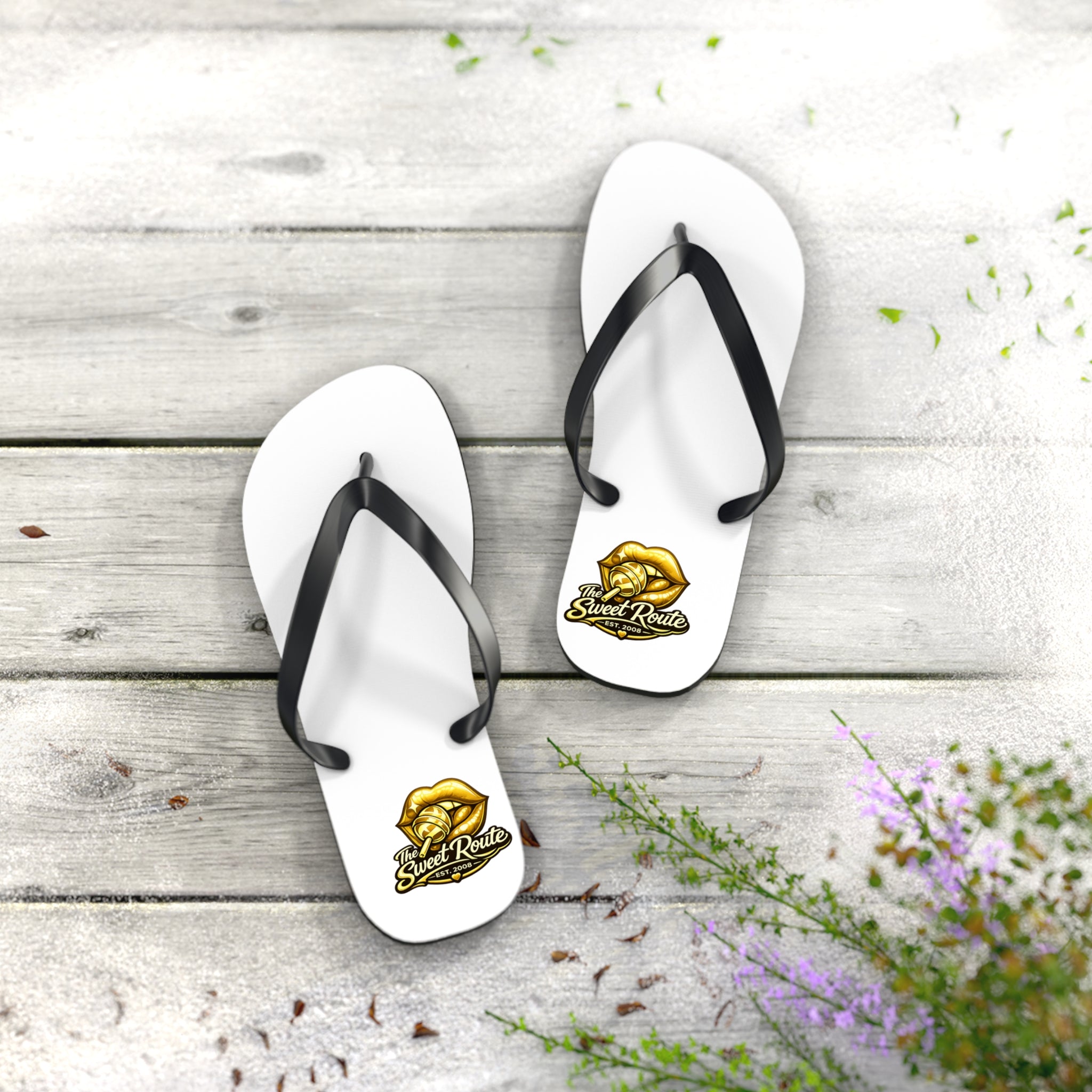 Gold Sweet Route Logo Beach Sandals