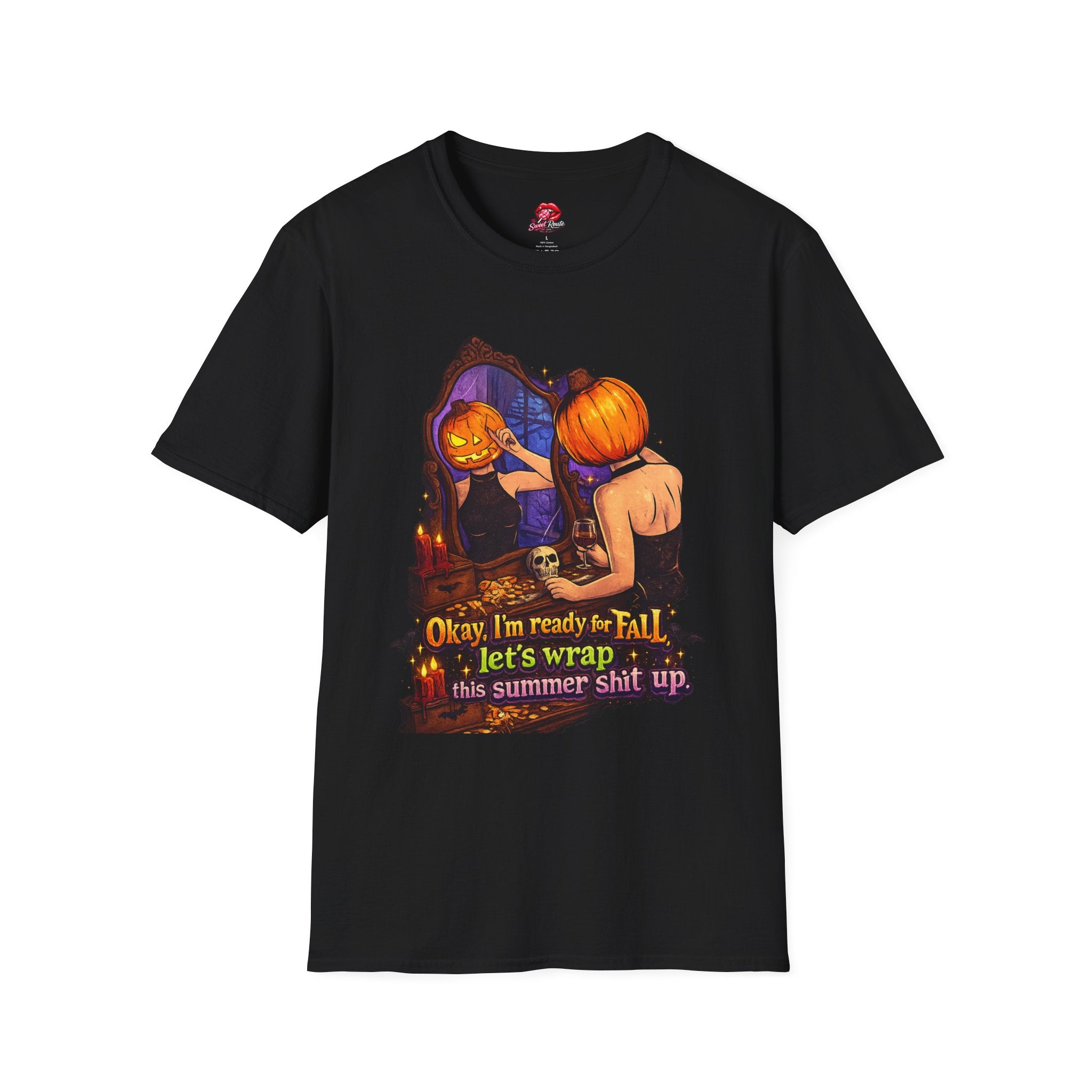 Pumpkin Mirror Halloween T‑Shirt — “Okay, I’m ready for Fall” Cute Spooky Season Shirt For Women