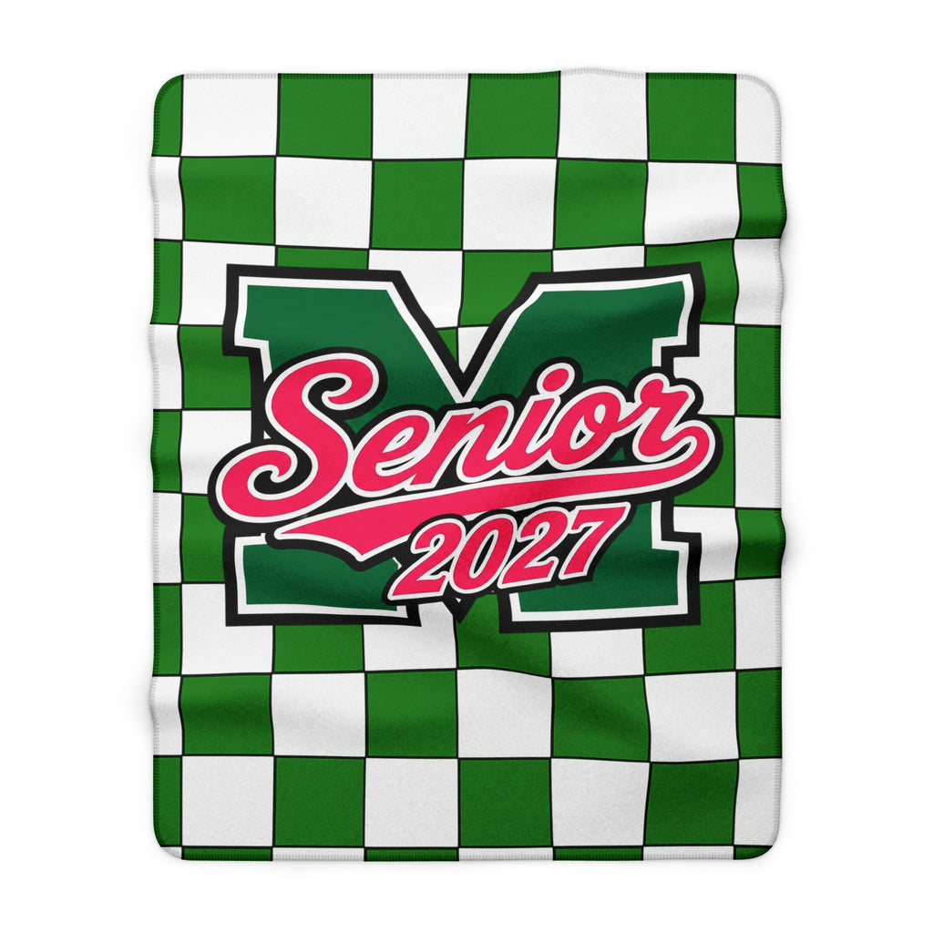 Senior 2027 Sherpa Fleece Blanket – Green Checkerboard Graduation Throw