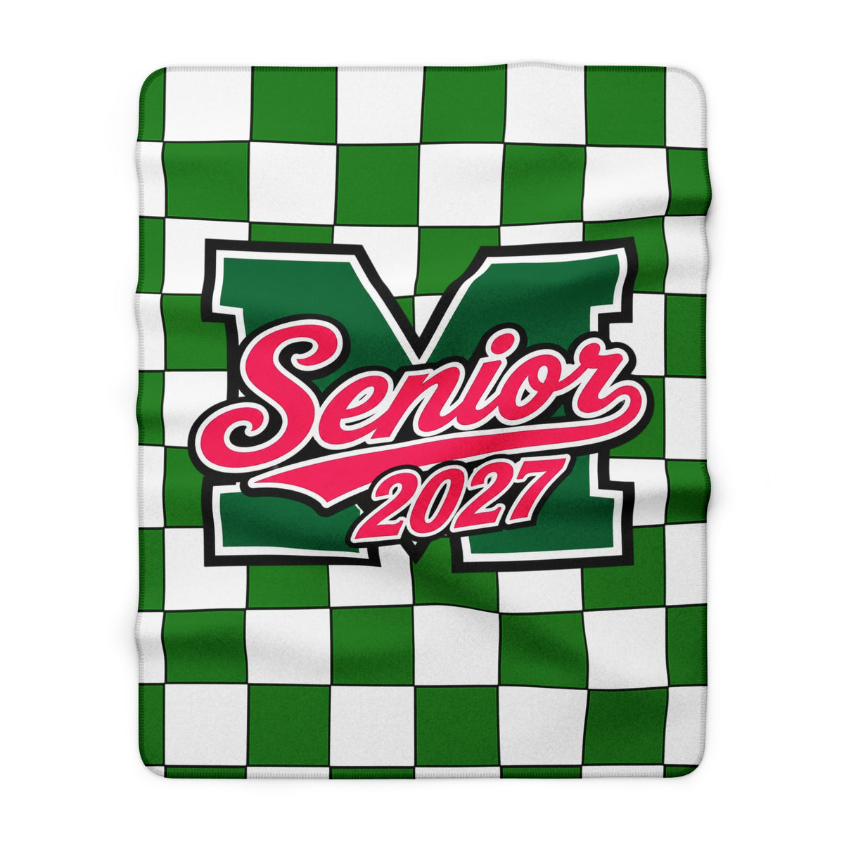 Senior 2027 Sherpa Fleece Blanket – Green Checkerboard Graduation Throw
