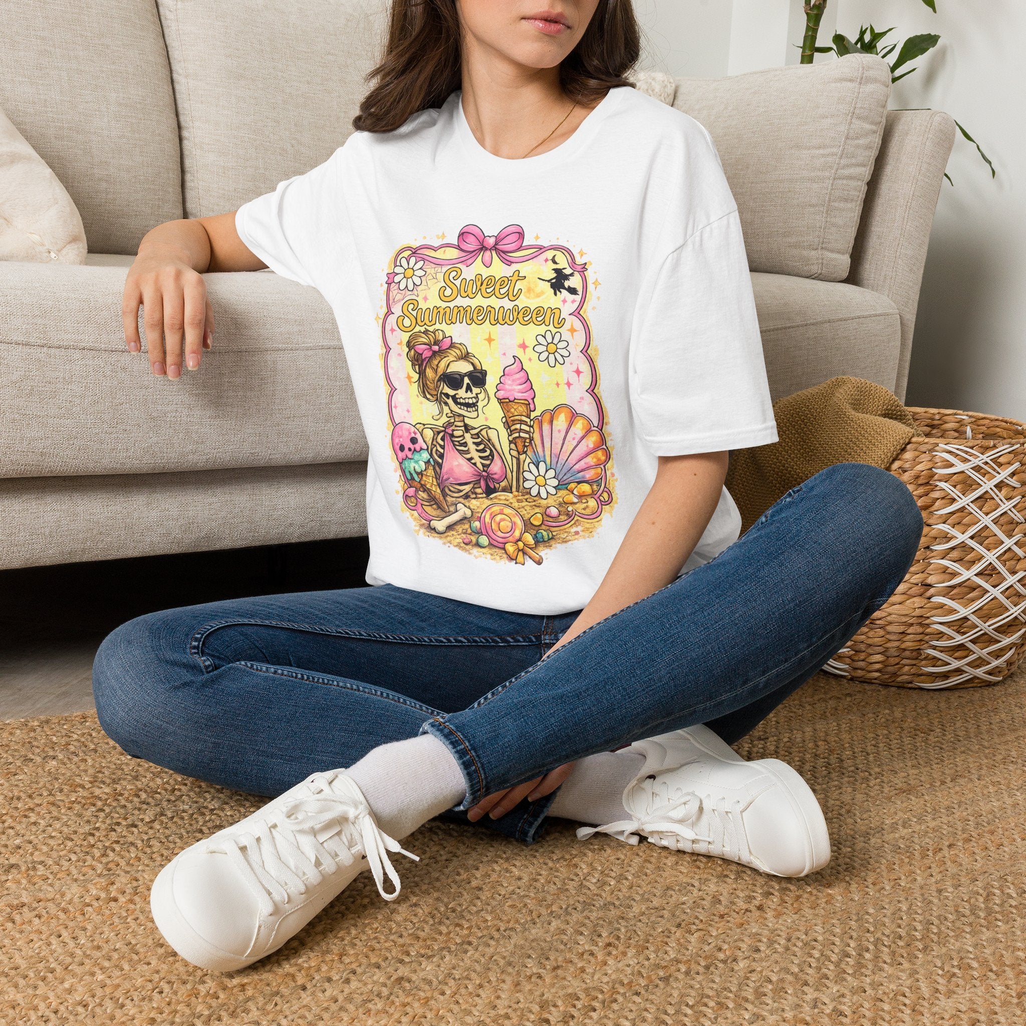 Sweet Summerween T-Shirt | Cute Skull Ice Cream Halloween Shirt | Summerween Graphic Tee | Spooky Summer Dessert Shirt | Retro Halloween Tee