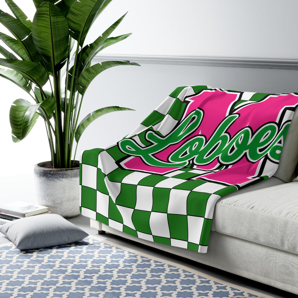 Loboes Checkered Sherpa Blanket — Green & Pink School Mascot Throw