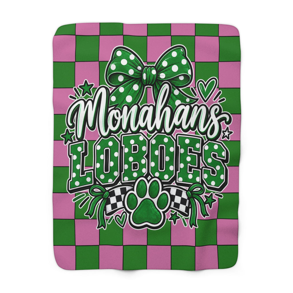 Monahan’s Loboes Sherpa Blanket — Pink & Green Team Plaid Fleece