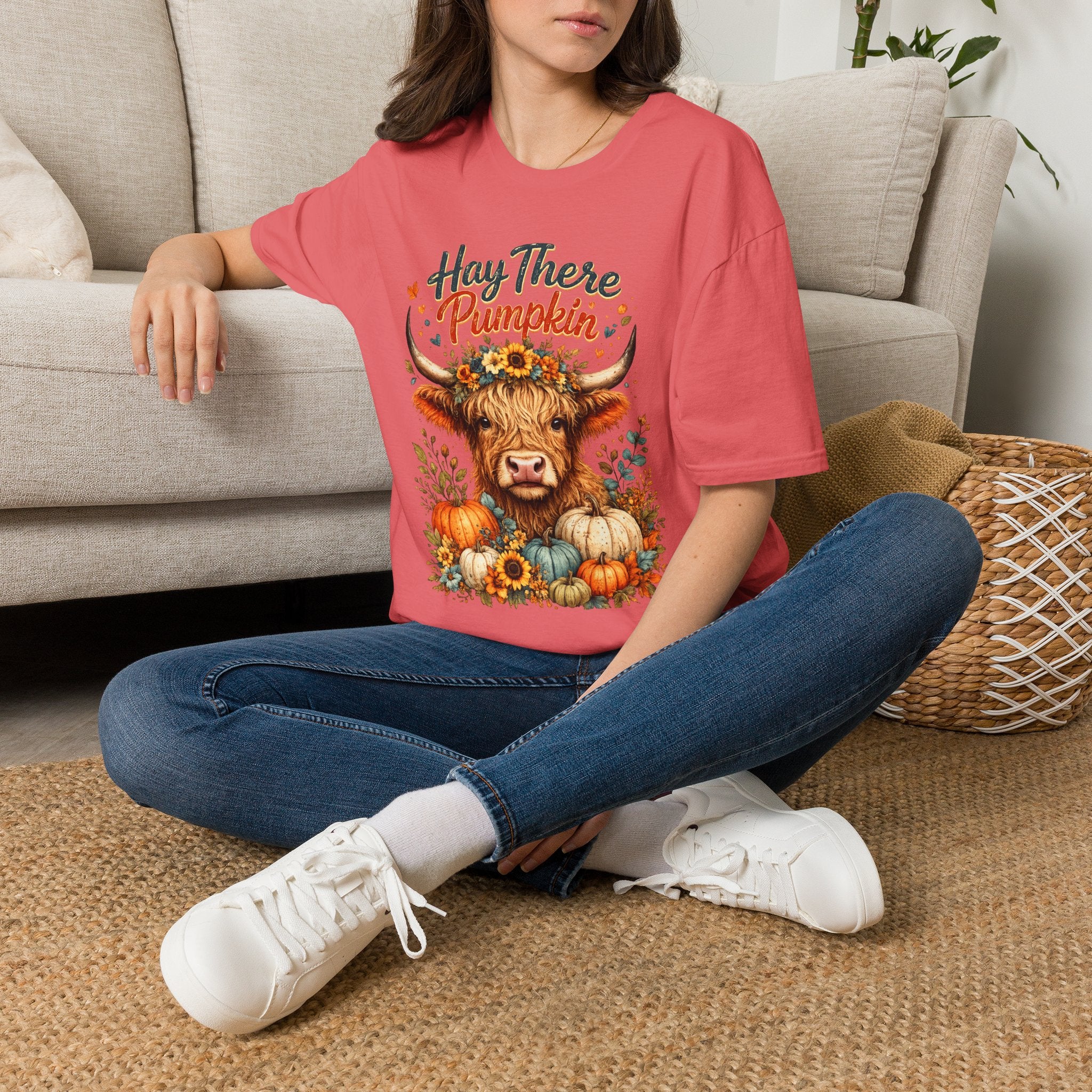 Hay There Pumpkin Highland Cow T-Shirt | Cute Fall Cow Graphic Tee | Autumn Pumpkin Farm Fall Tee | Cozy Country Style