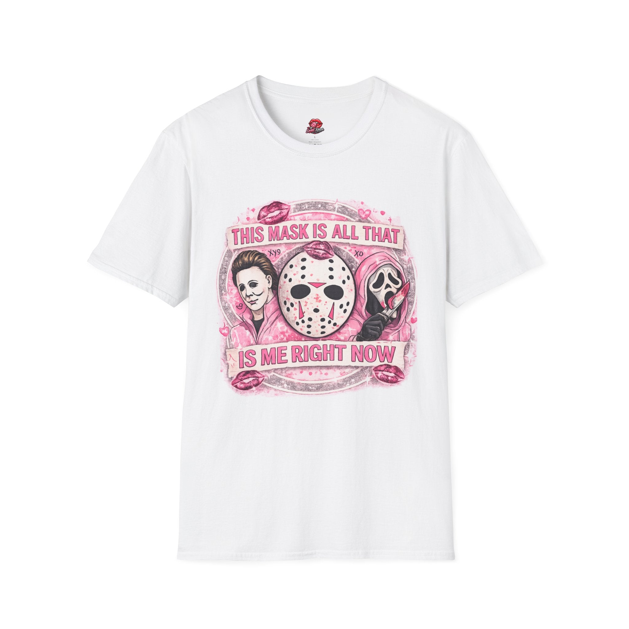 This Mask Is All That Graphic T-Shirt | Cute Pink Horror Inspired Tee | Retro Spooky Halloween Shirt | Creepy Cute Graphic Tee