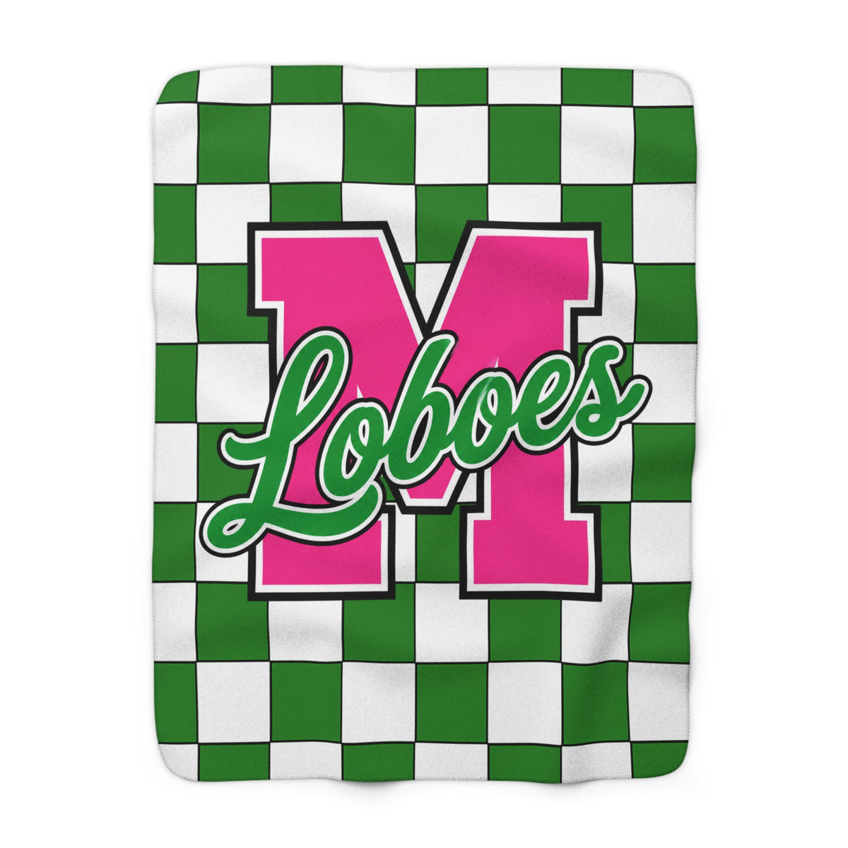 Loboes Checkered Sherpa Blanket — Green & Pink School Mascot Throw