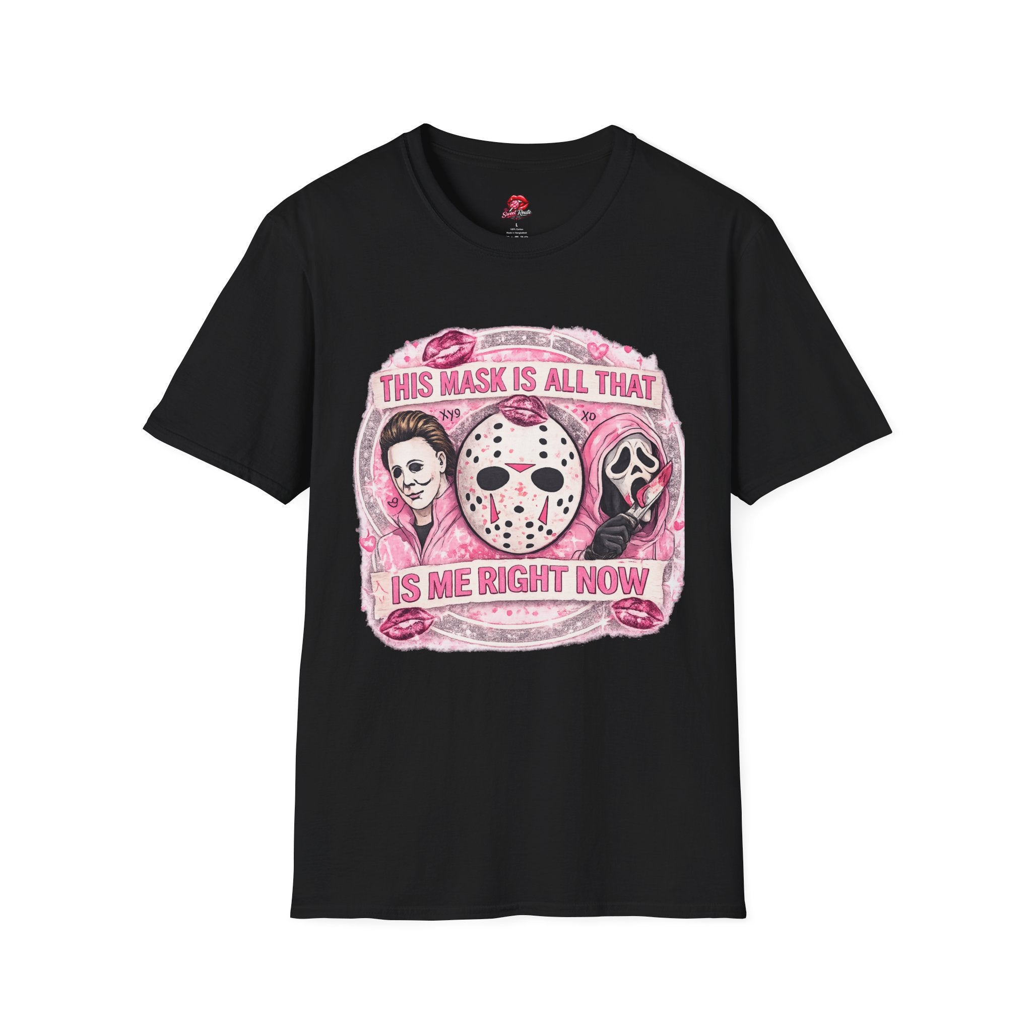 This Mask Is All That Graphic T-Shirt | Cute Pink Horror Inspired Tee | Retro Spooky Halloween Shirt | Creepy Cute Graphic Tee