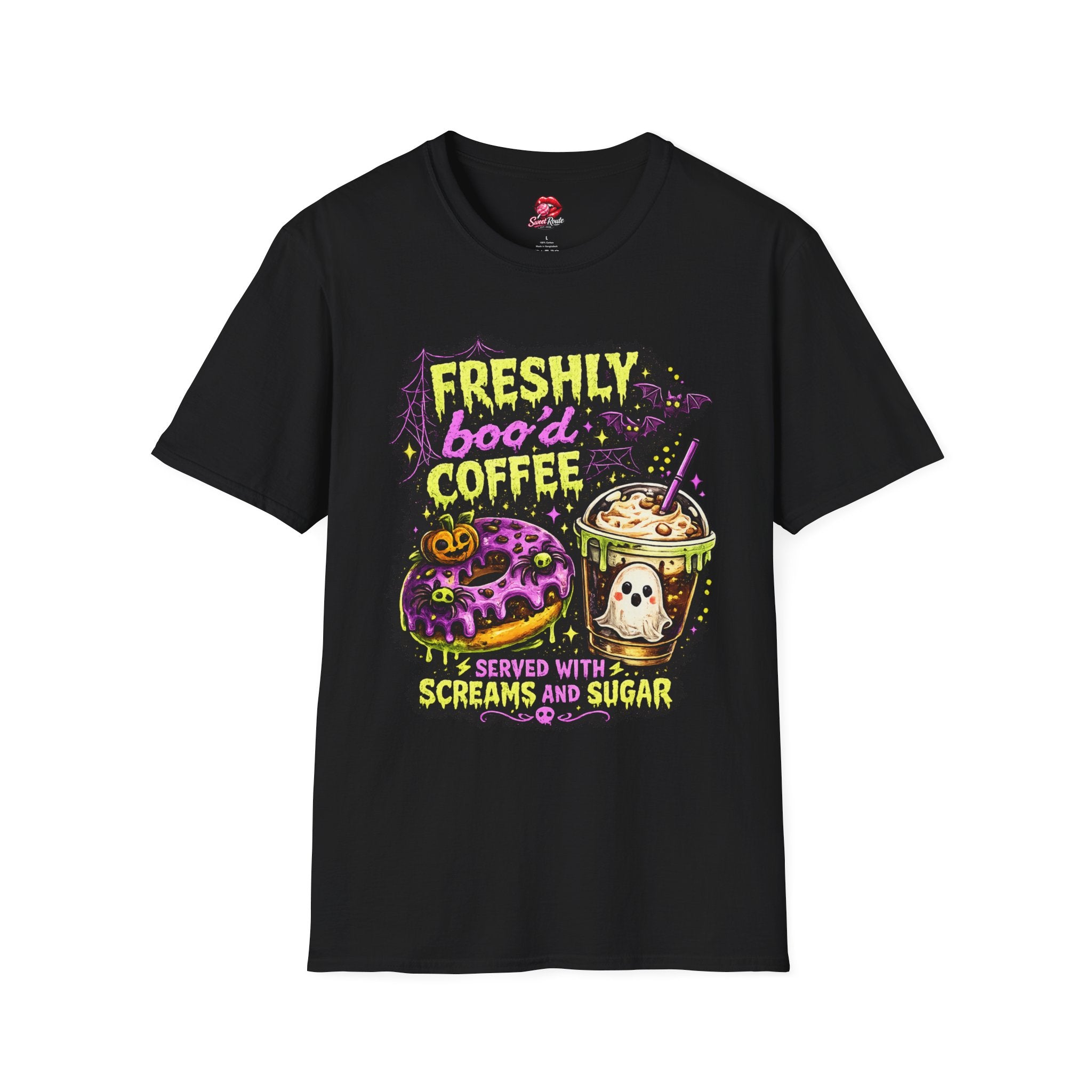 Freshly Boo’d Coffee & Donuts Halloween T-Shirt | Cute Ghost Coffee Graphic Tee | Spooky Donut Lover Shirt | Fall Coffee Lover Gift | Retro Halloween Tee