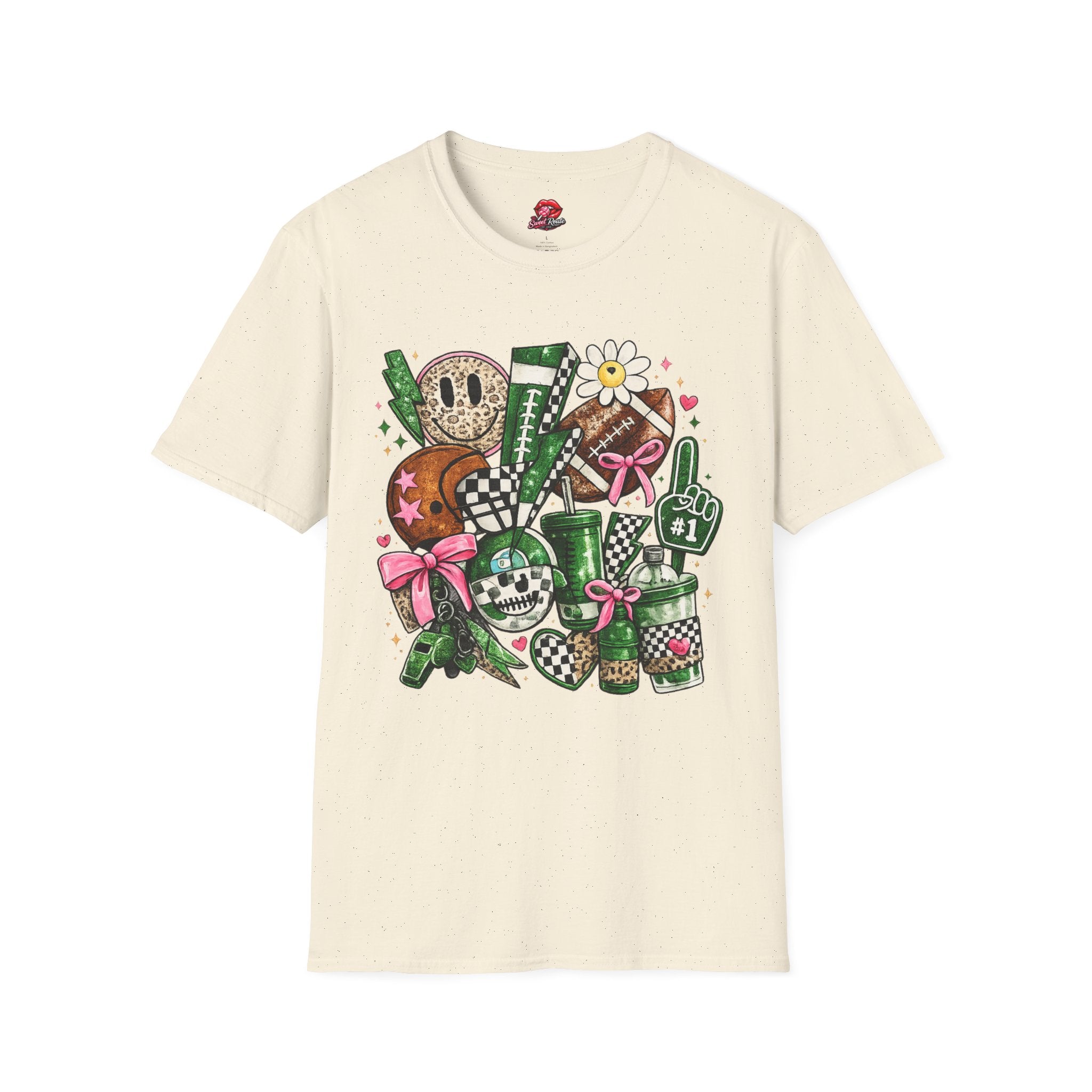 Cute Green Sports Collage T-Shirt | Football Game Day Graphic Tee | Coquette Sports Fan Shirt
