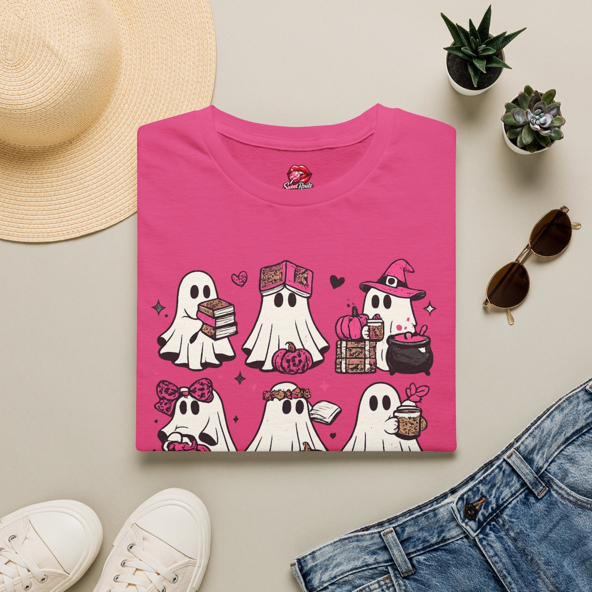 Pink Kawaii Ghosts Halloween T-Shirt | Cute Ghost Pattern Graphic Tee | Girly Spooky Season Shirt | Pink Halloween Aesthetic | Kawaii Ghost Gift