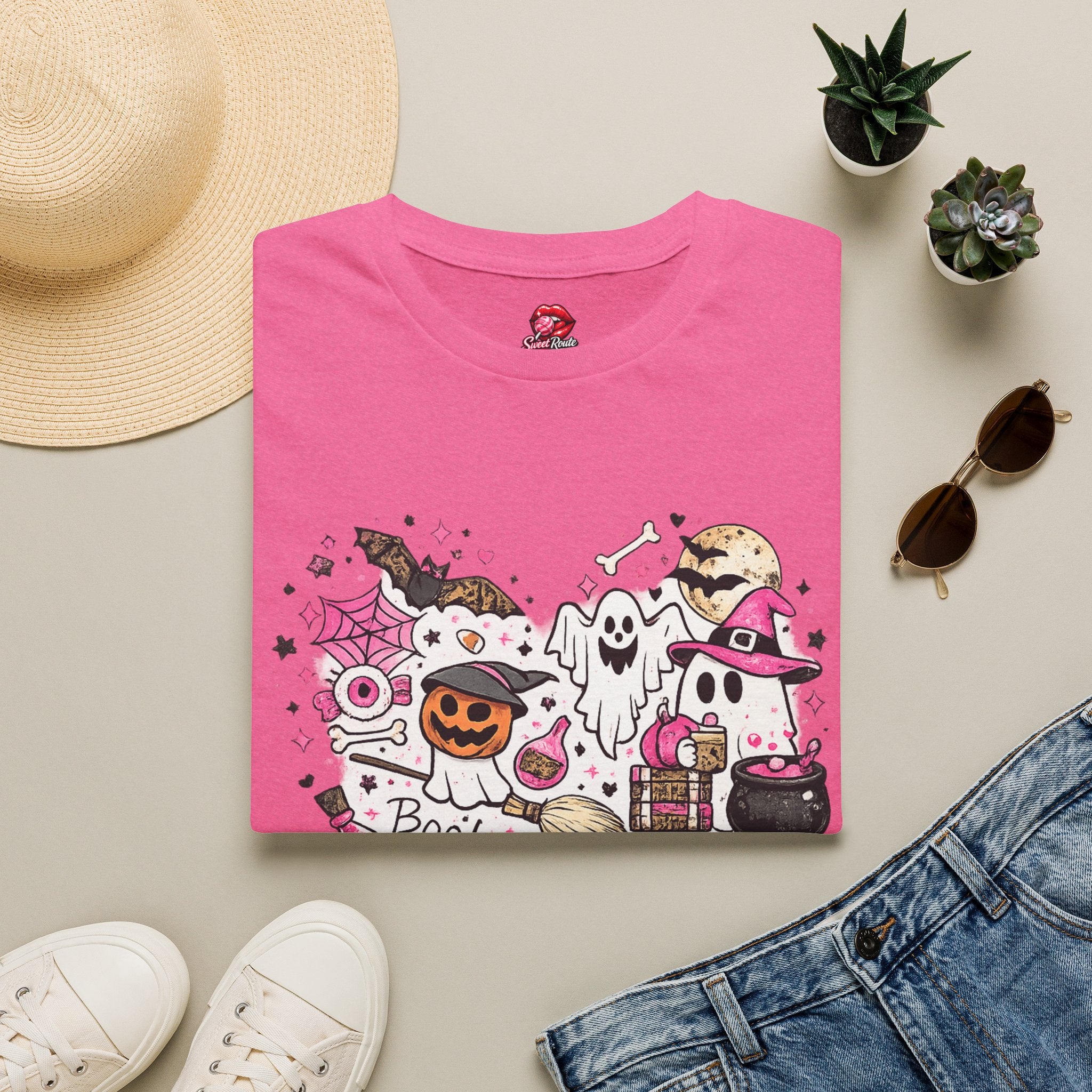Cute Pink Halloween Characters T-Shirt | Coquette Ghost Pumpkin Graphic Tee | Girly Spooky Season Shirt | Retro Halloween Tee
