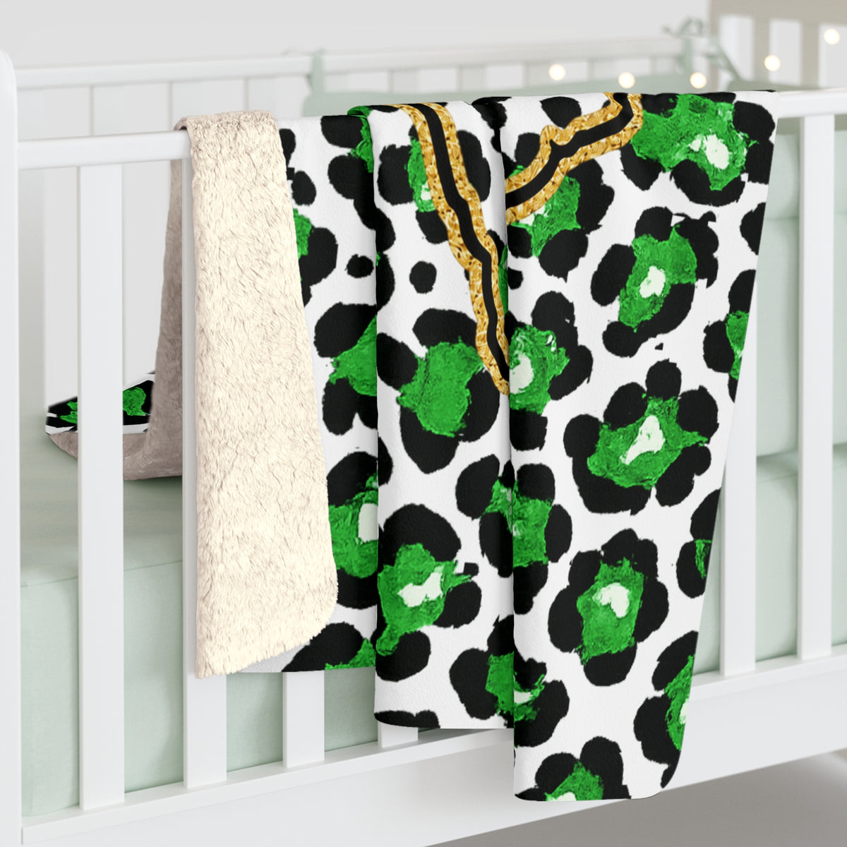 Loboes Texas Sherpa Fleece Blanket — Green Leopard Print Cozy Throw