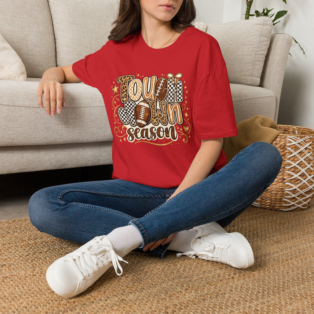 Touchdown Season Leopard & Checkered Football T-Shirt | Cute Game Day Graphic Tee | Women’s Football Season Shirt