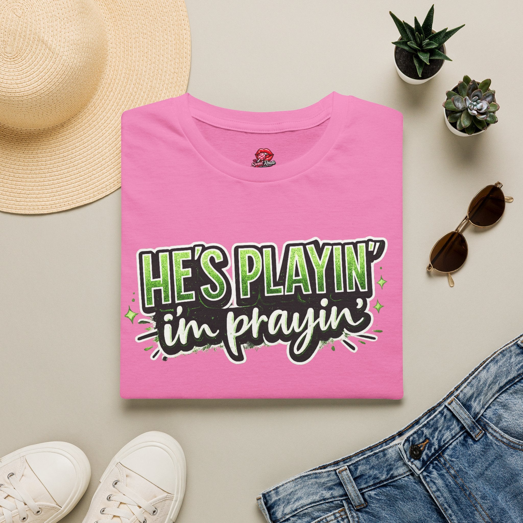 He’s Playin’ I’m Prayin Football Tee