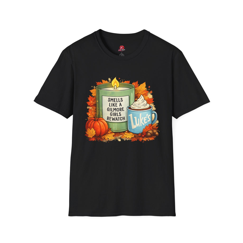 Smells Like a Cozy Fall Rewatch Graphic T-Shirt | Autumn Coffee & Candle Tee | Book Lover Fall Shirt