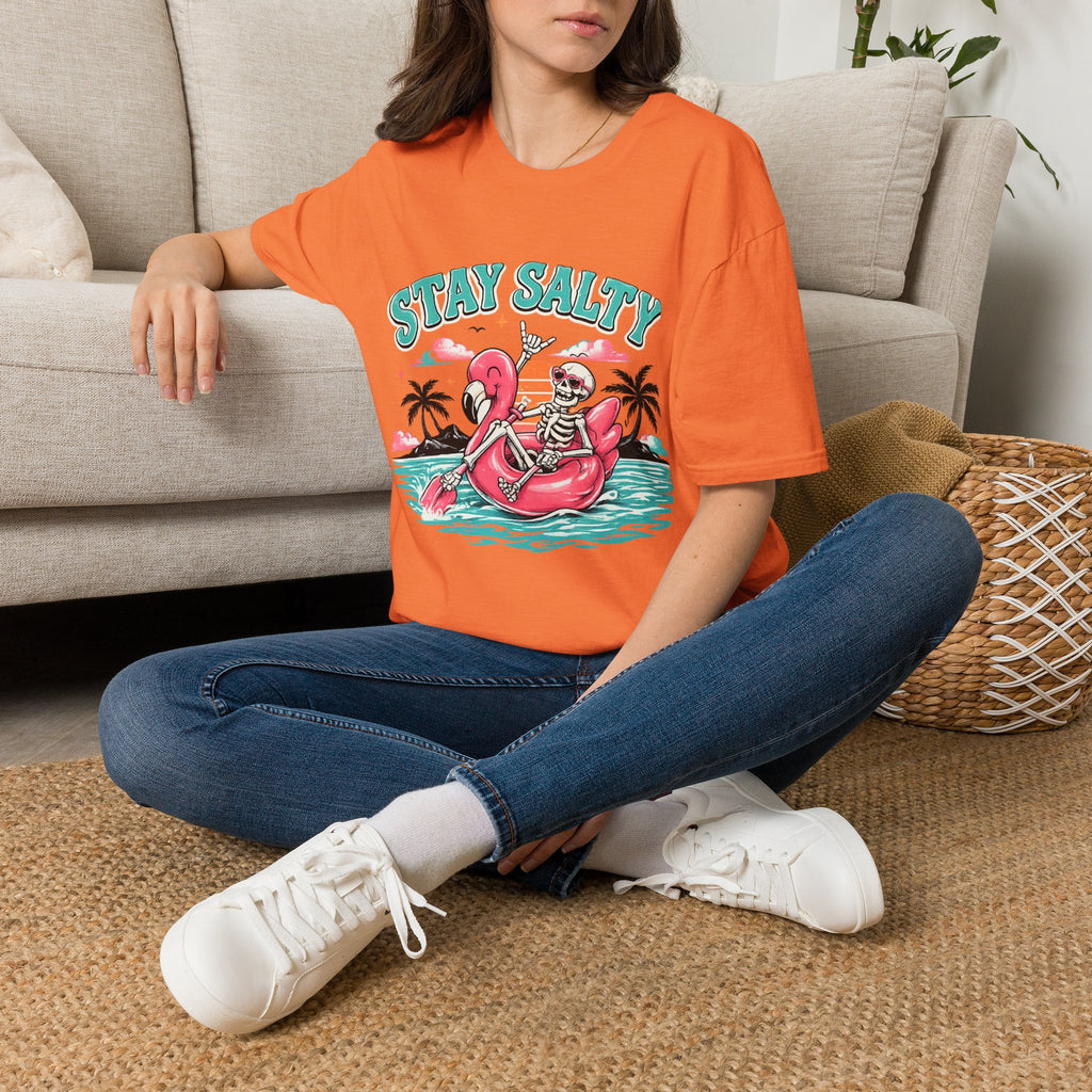 Stay Salty Skeleton Flamingo T-Shirt | Retro Beach Palm Graphic
