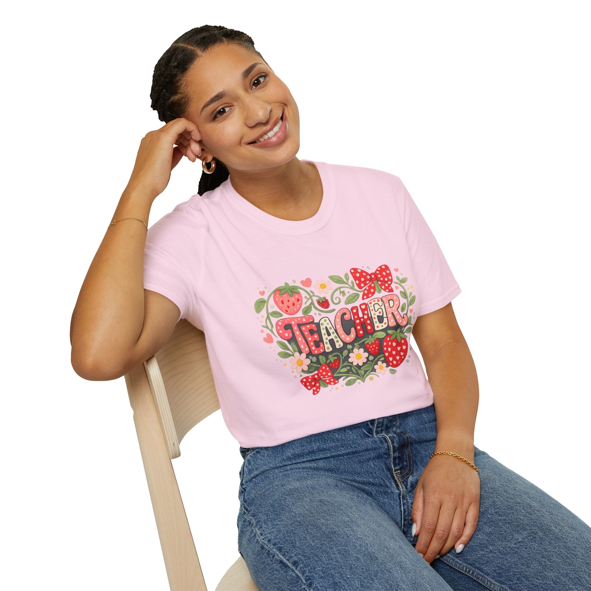 Teacher Strawberry Floral T-Shirt | Cute Coquette Teacher Shirt | Retro School Tee | Back to School Gift for Teachers