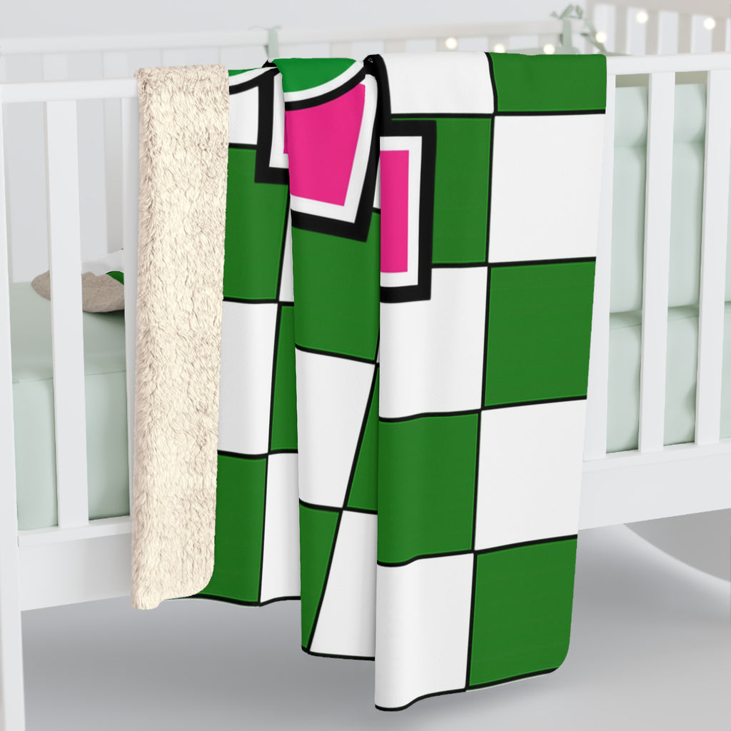 Loboes Checkered Sherpa Blanket — Green & Pink School Mascot Throw