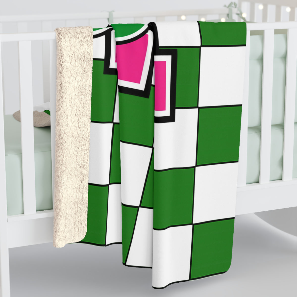 Loboes Checkered Sherpa Blanket — Green & Pink School Mascot Throw