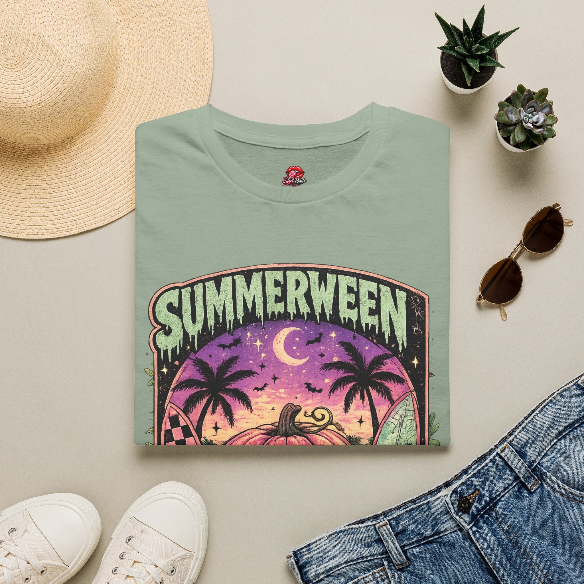 Summerween T-Shirt — Tropical Halloween Pumpkin Tee | Pink Skull Graphic Tee | Spooky Summer Vacation Shirt