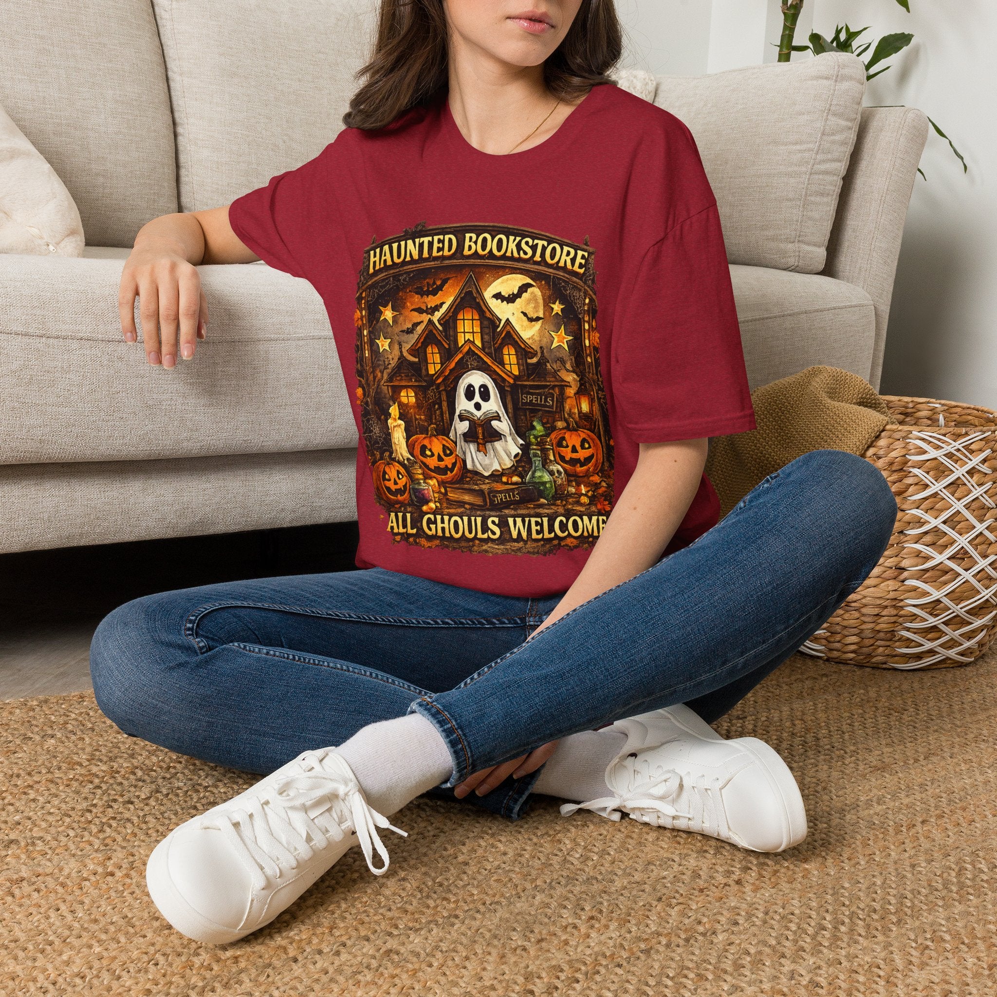 Haunted Bookstore T-Shirt | All Ghouls Welcome Halloween Shirt | Book Lover Ghost Tee | Spooky Library Graphic Tee | Fall Reading Shirt
