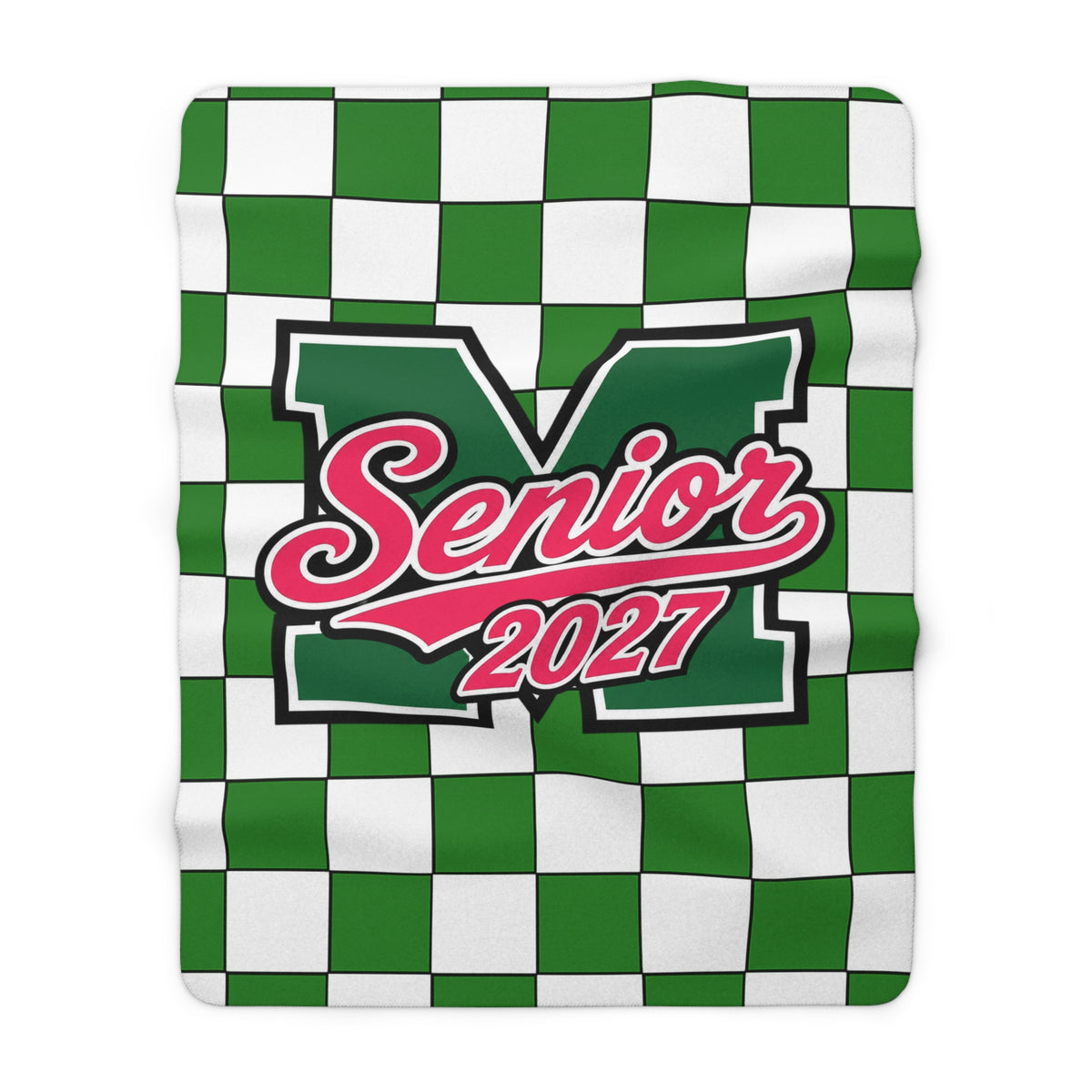 Senior 2027 Sherpa Fleece Blanket – Green Checkerboard Graduation Throw