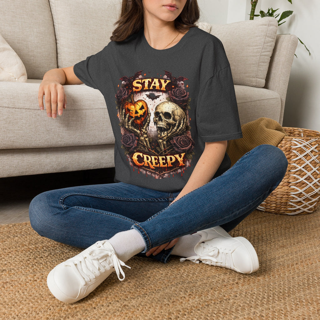 Stay Creepy Halloween T-Shirt | Skull Pumpkin Graphic Tee | Vintage Spooky Season Shirt | Retro Fall Unisex Tee