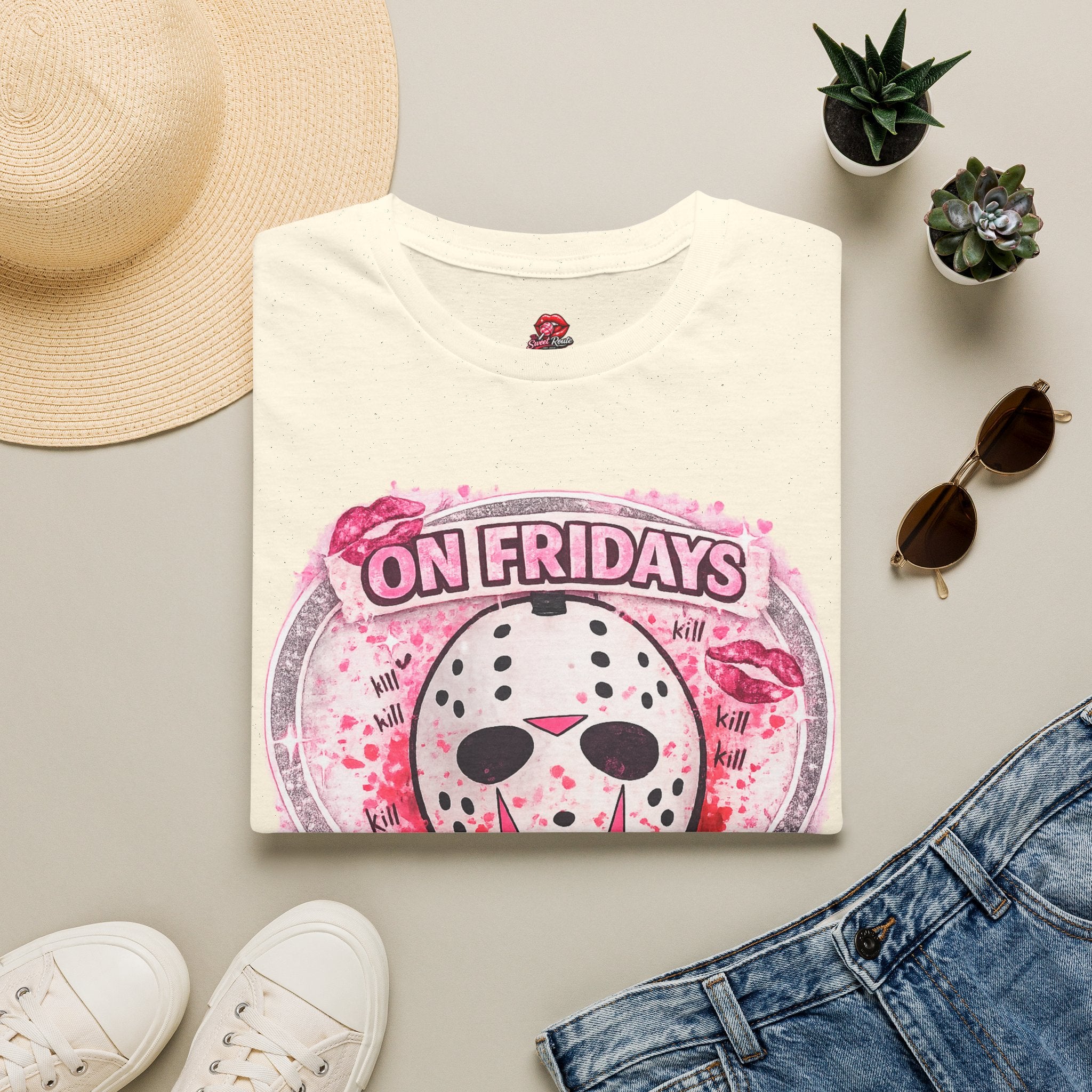 On Fridays We Wear Blood Horror T-Shirt | Pink Slasher Graphic Tee | Cute Halloween Horror Shirt for Spooky Girls