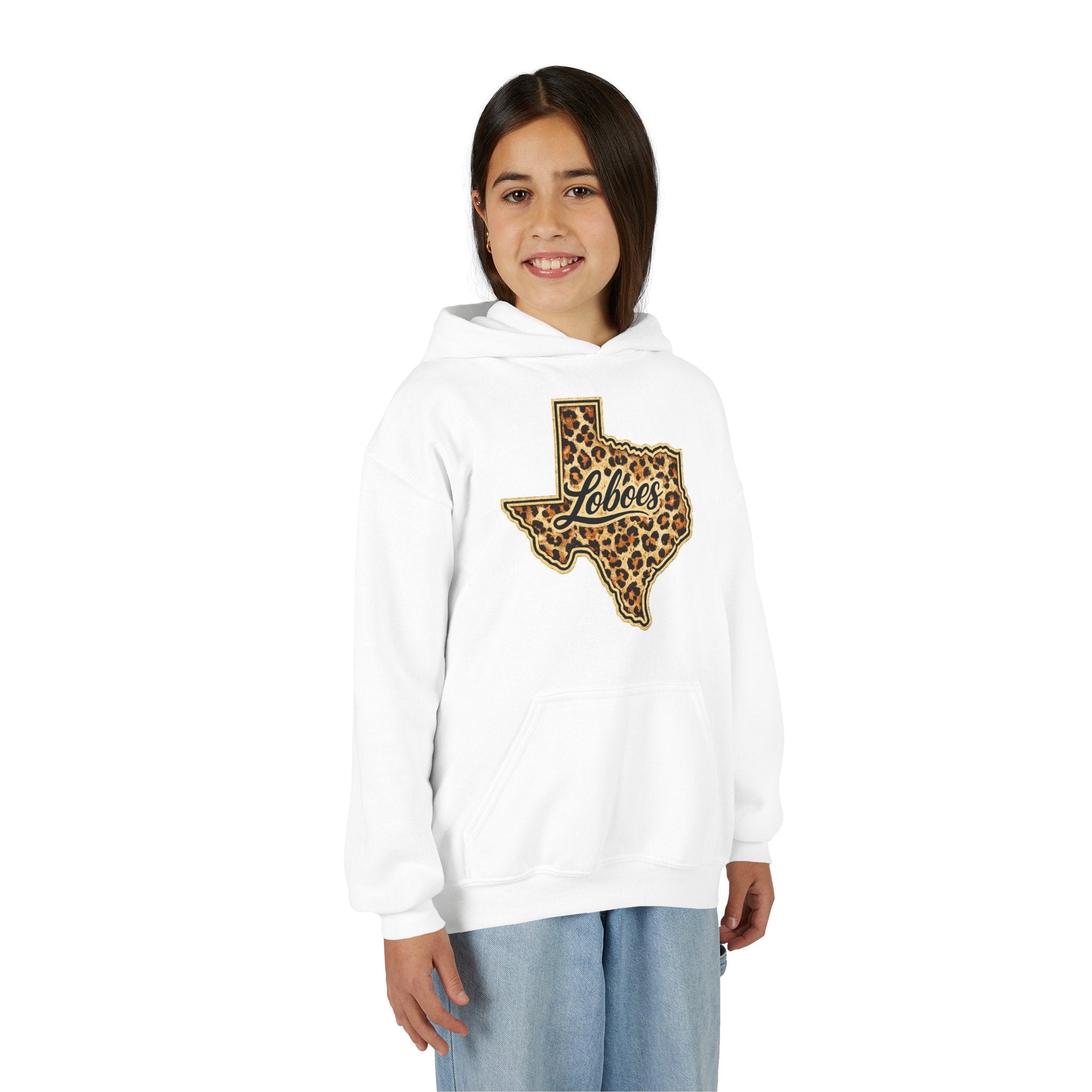 Texas Lobos Youth Hoodie — Leopard Print State Logo Sweatshirt