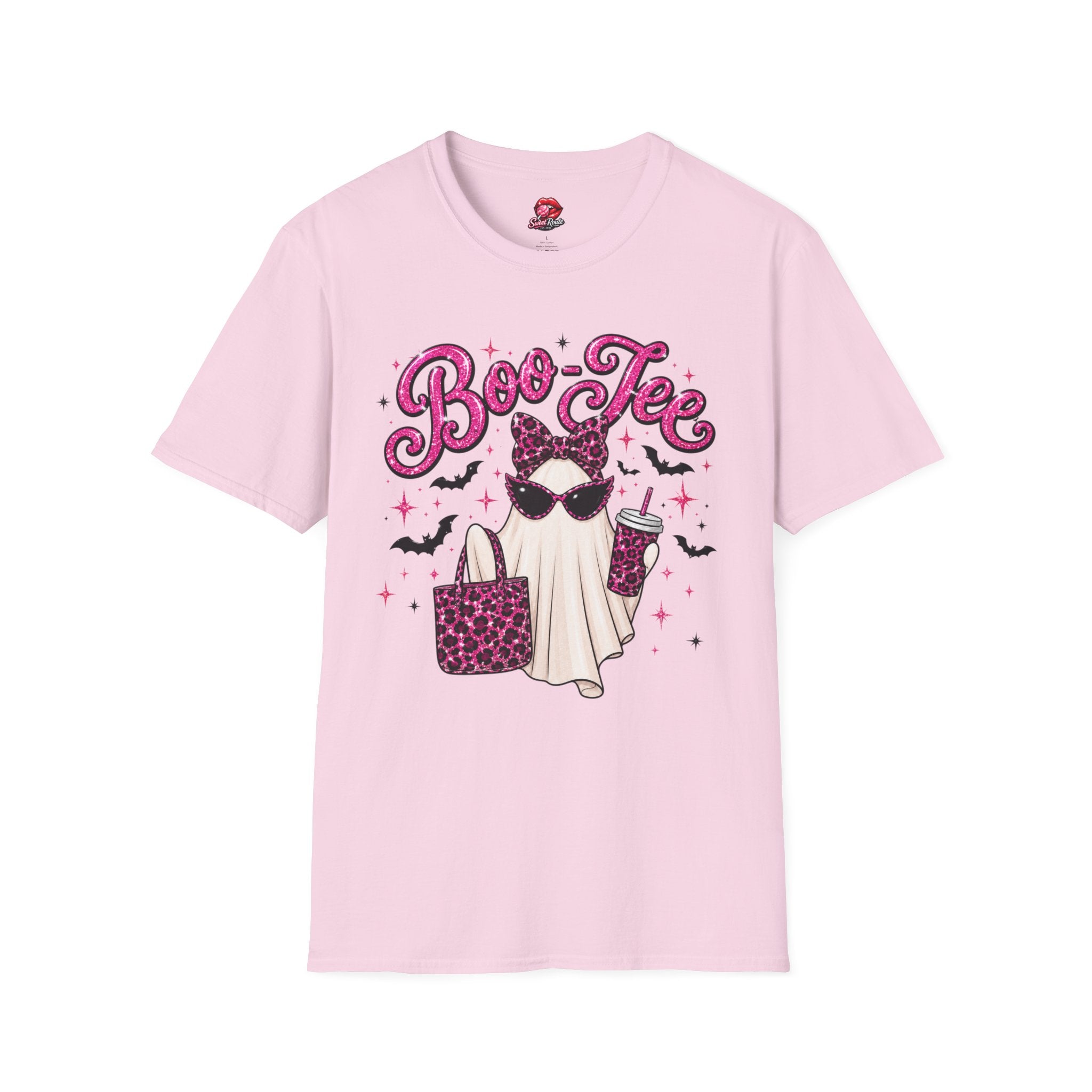 Boo-Tee Ghost Shirt | Cute Pink Leopard Ghost Halloween T-Shirt | Coquette Spooky Season Graphic Tee | Retro Girly Fall Shirt