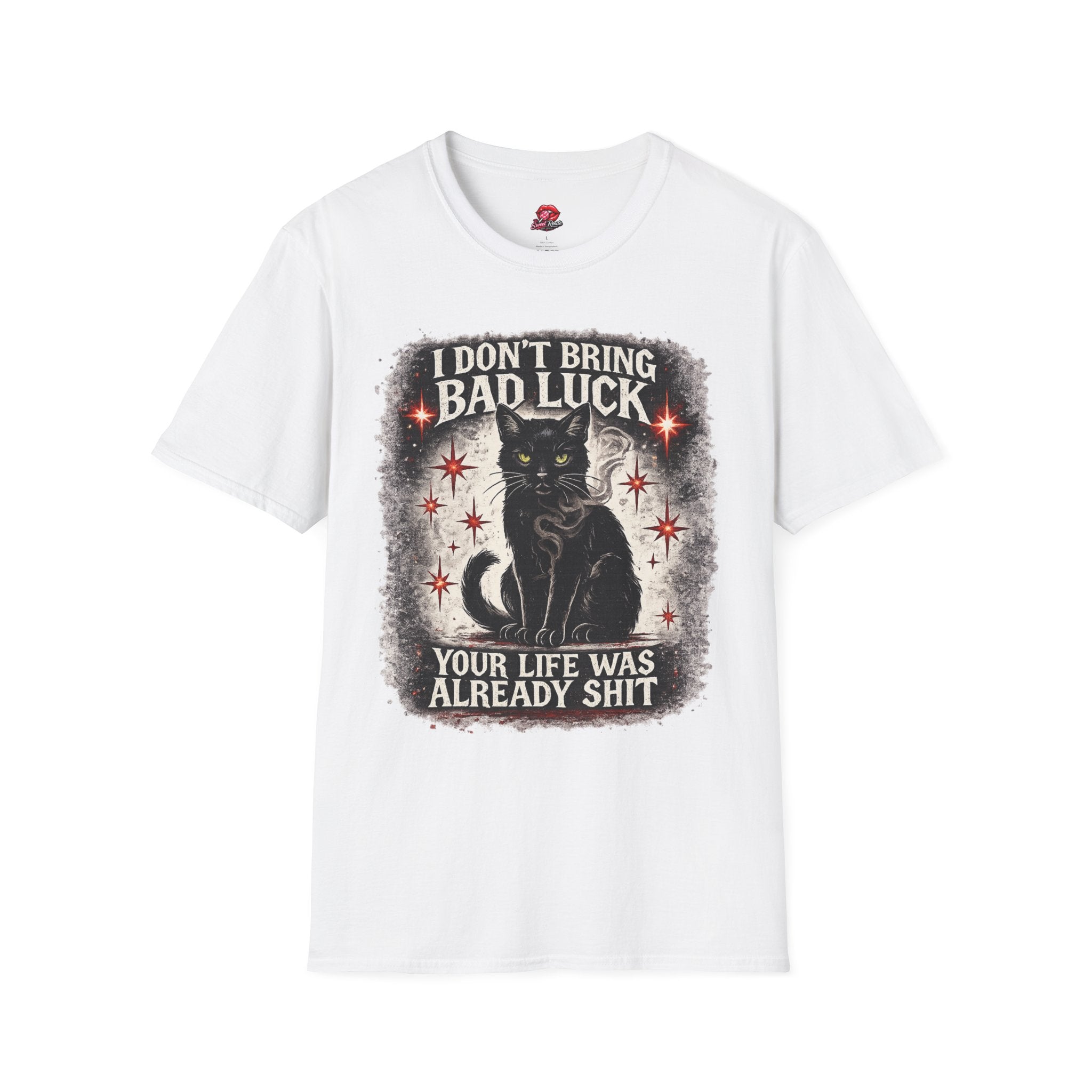 I Don’t Bring Bad Luck Black Cat T-Shirt | Vintage Witchy Halloween Graphic Tee | Spooky Cat Lover Shirt