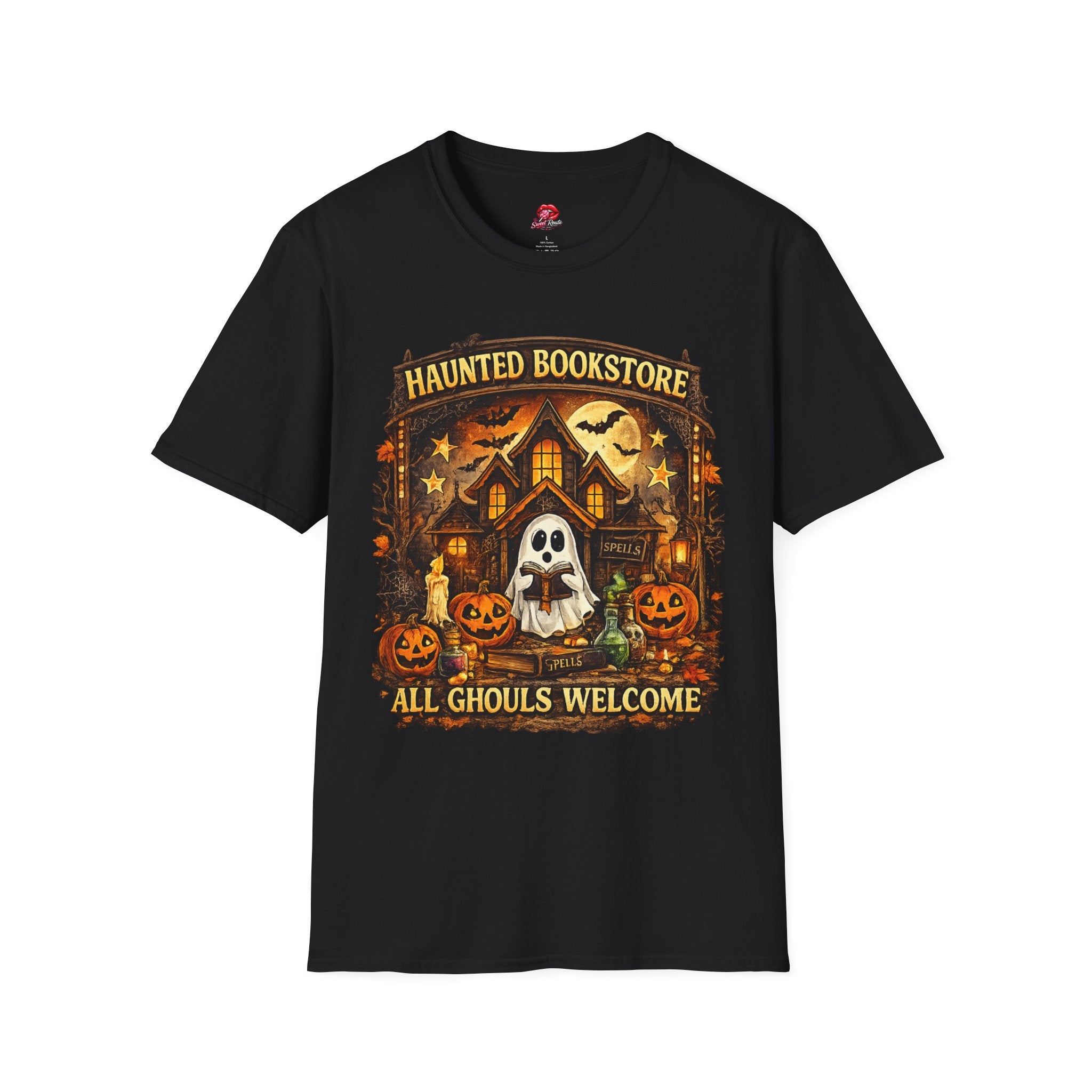 Haunted Bookstore T-Shirt | All Ghouls Welcome Halloween Shirt | Book Lover Ghost Tee | Spooky Library Graphic Tee | Fall Reading Shirt