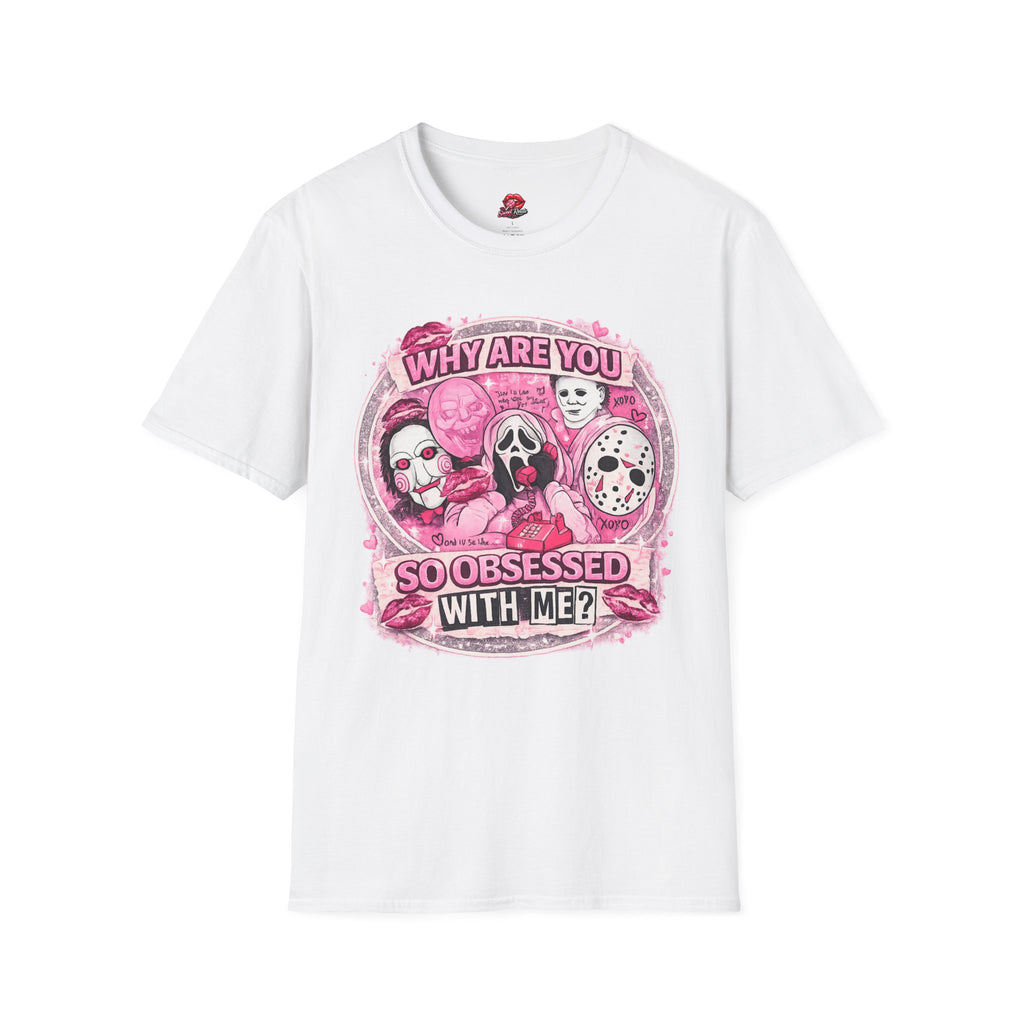Why Are You So Obsessed With Me? Horror Icons T-Shirt | Pink Spooky Graphic Tee | Cute Halloween Horror Shirt