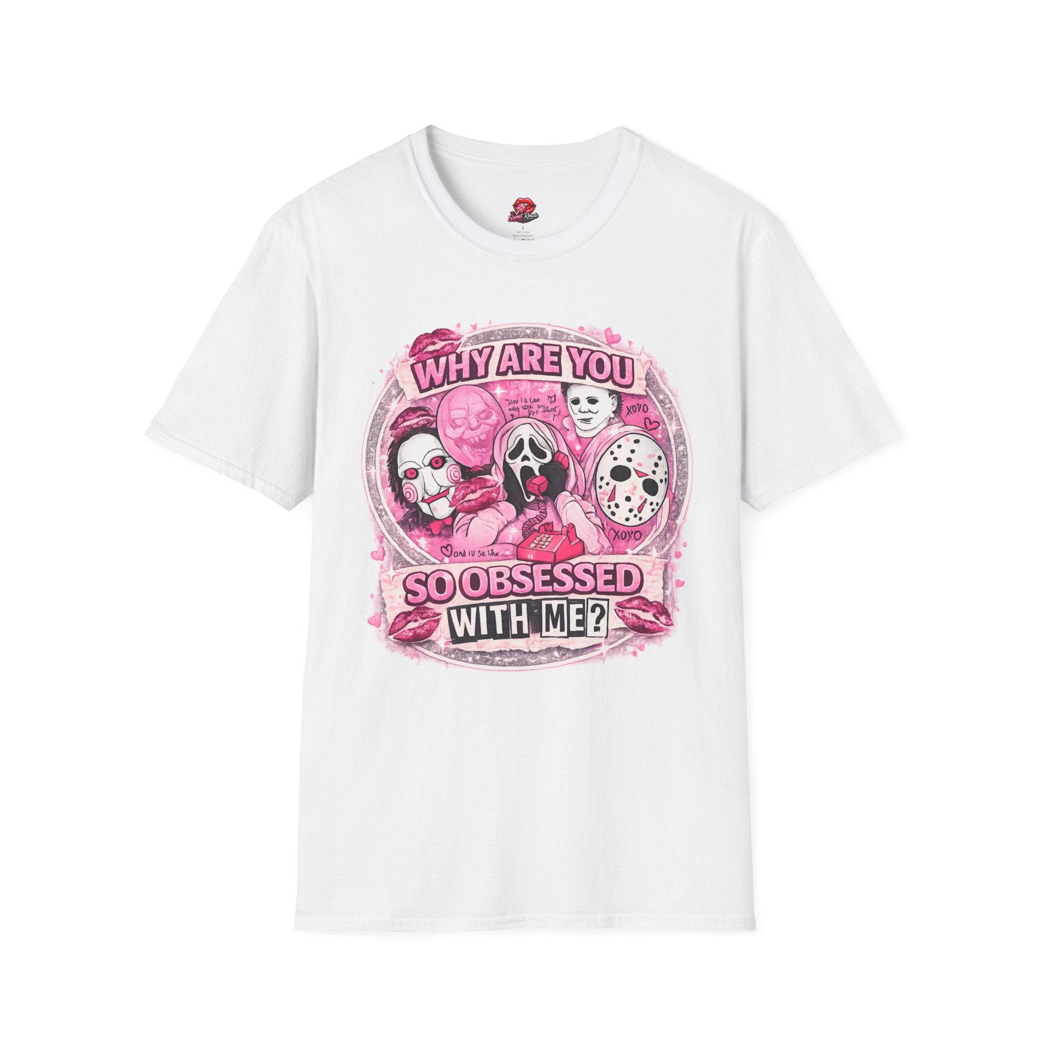 Why Are You So Obsessed With Me? Horror Icons T-Shirt | Pink Spooky Graphic Tee | Cute Halloween Horror Shirt
