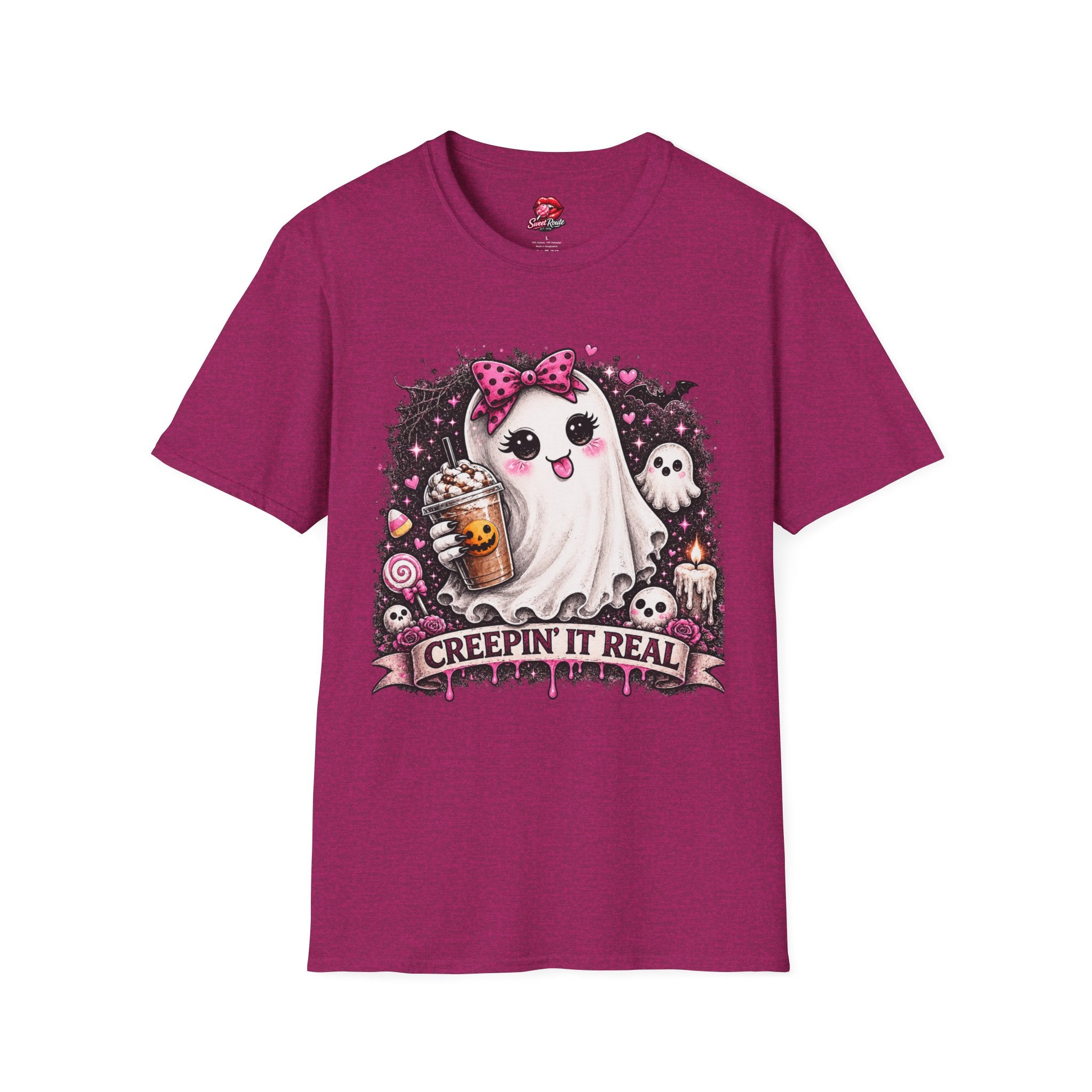 Cute Ghost with Bow Creepin It Real T-Shirt | Coquette Halloween Ghost Tee | Pink Bow Spooky Shirt | Cute Fall Graphic Tee | Halloween Gift