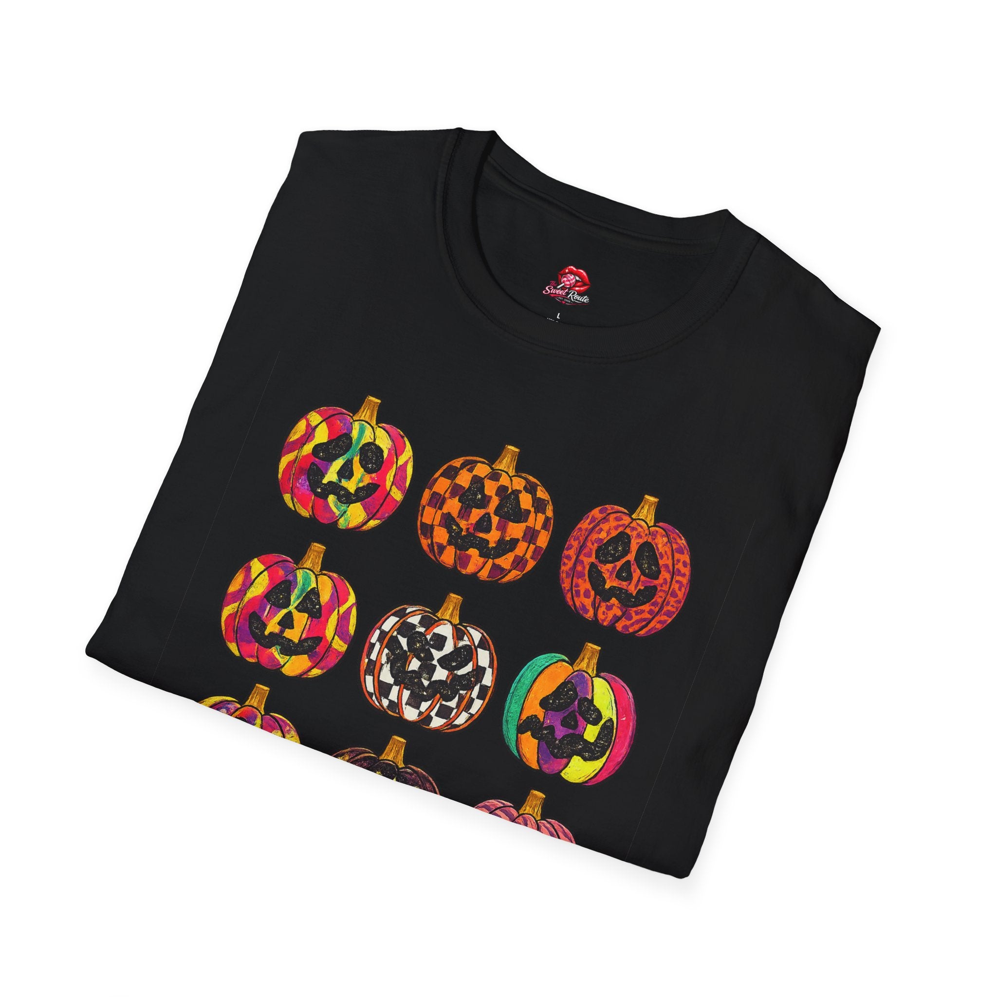 Colorful Jack-O-Lantern pattern T-Shirt | Cute Halloween Pumpkin Graphic Tee | Spooky Season Fall Shirt for Women