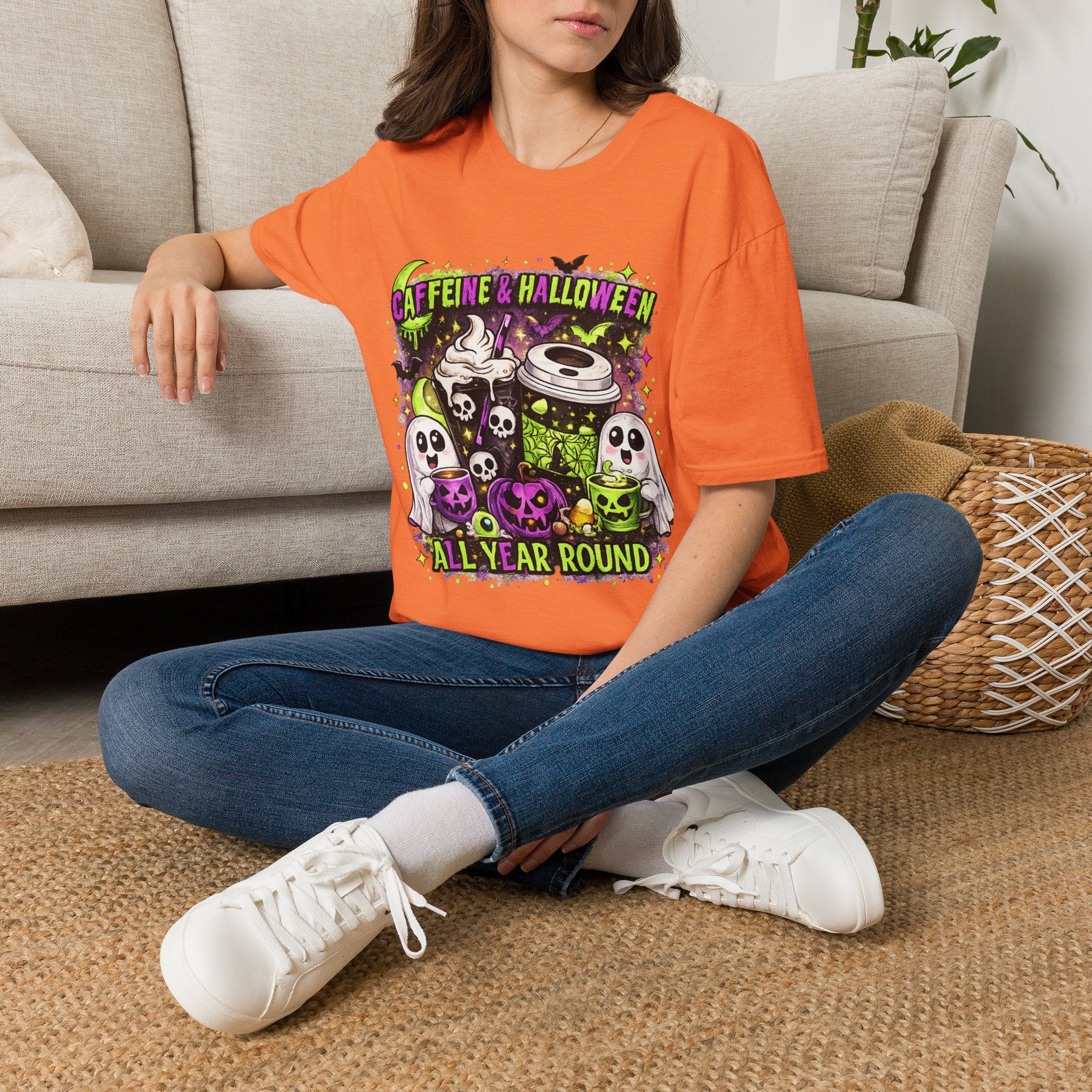 Caffeine & Halloween T-Shirt | Spooky Coffee Lover Graphic Tee | Retro Ghost Pumpkin Fall Shirt | Halloween Coffee Shirt