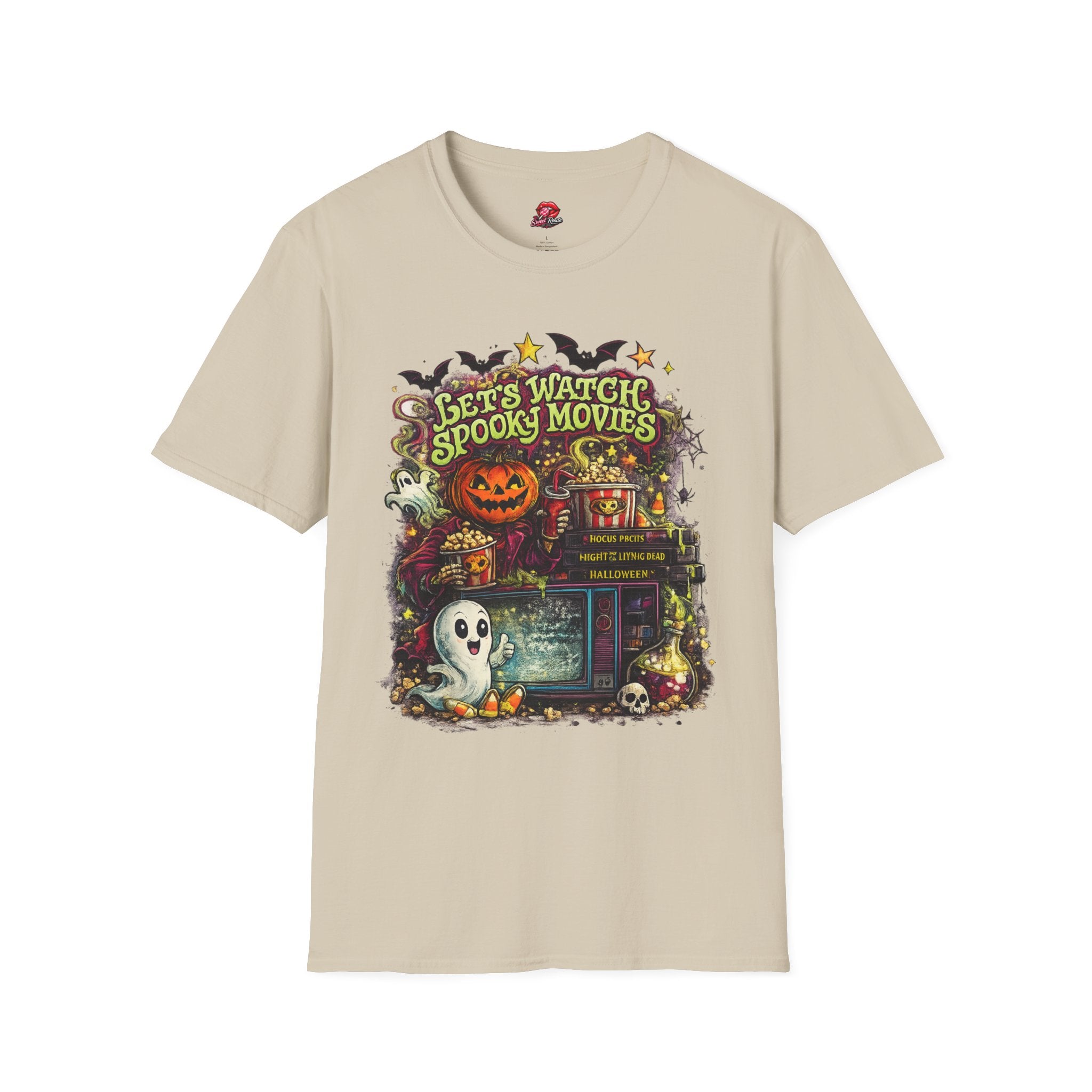 Let’s Watch Spooky Movies T-Shirt | Cute Halloween Movie Night Tee | Retro Ghost Graphic Shirt | Cozy Fall Halloween Tee | Horror Lover Gift