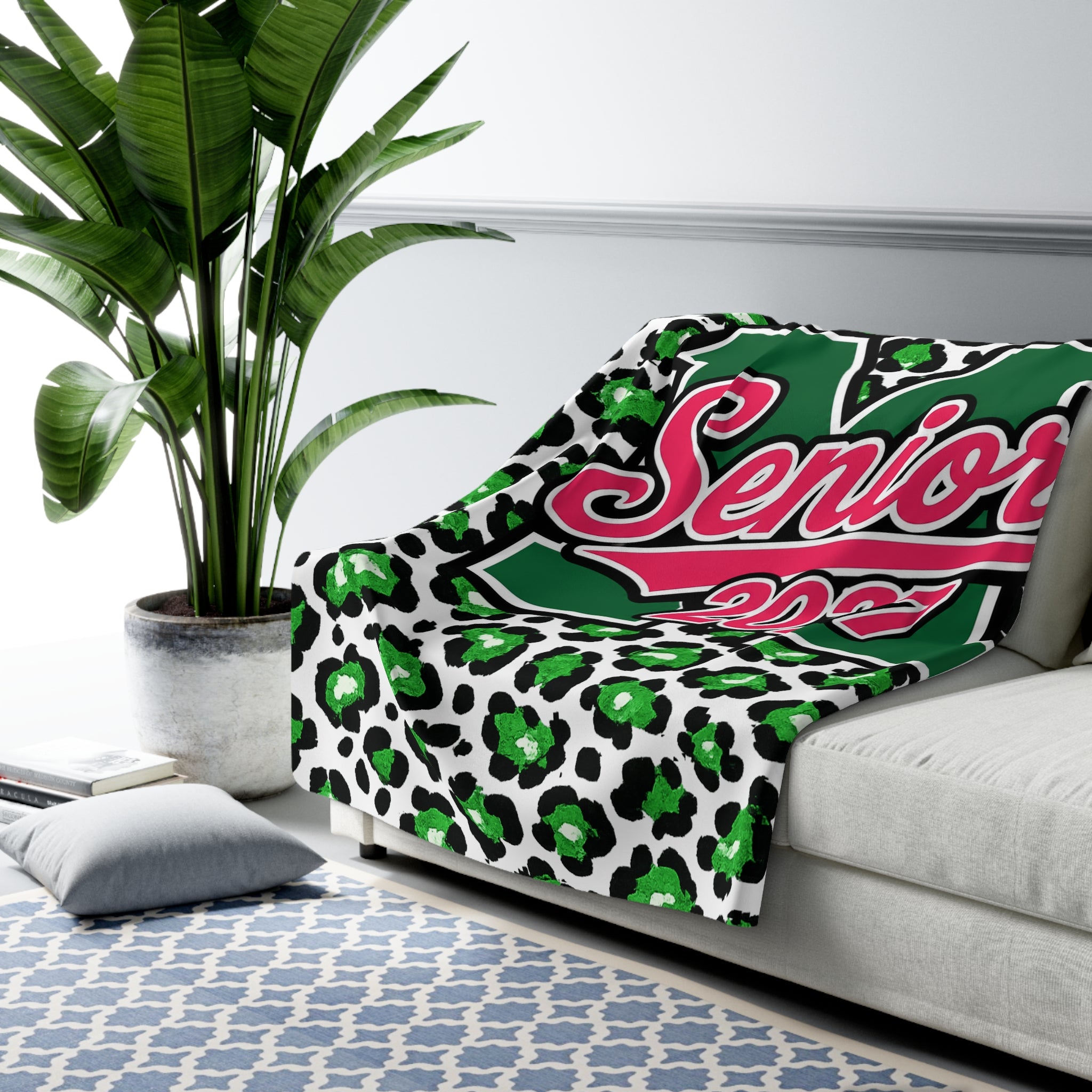 Senior 2027 Sherpa Blanket - Green Leopard Print Graduation Throw