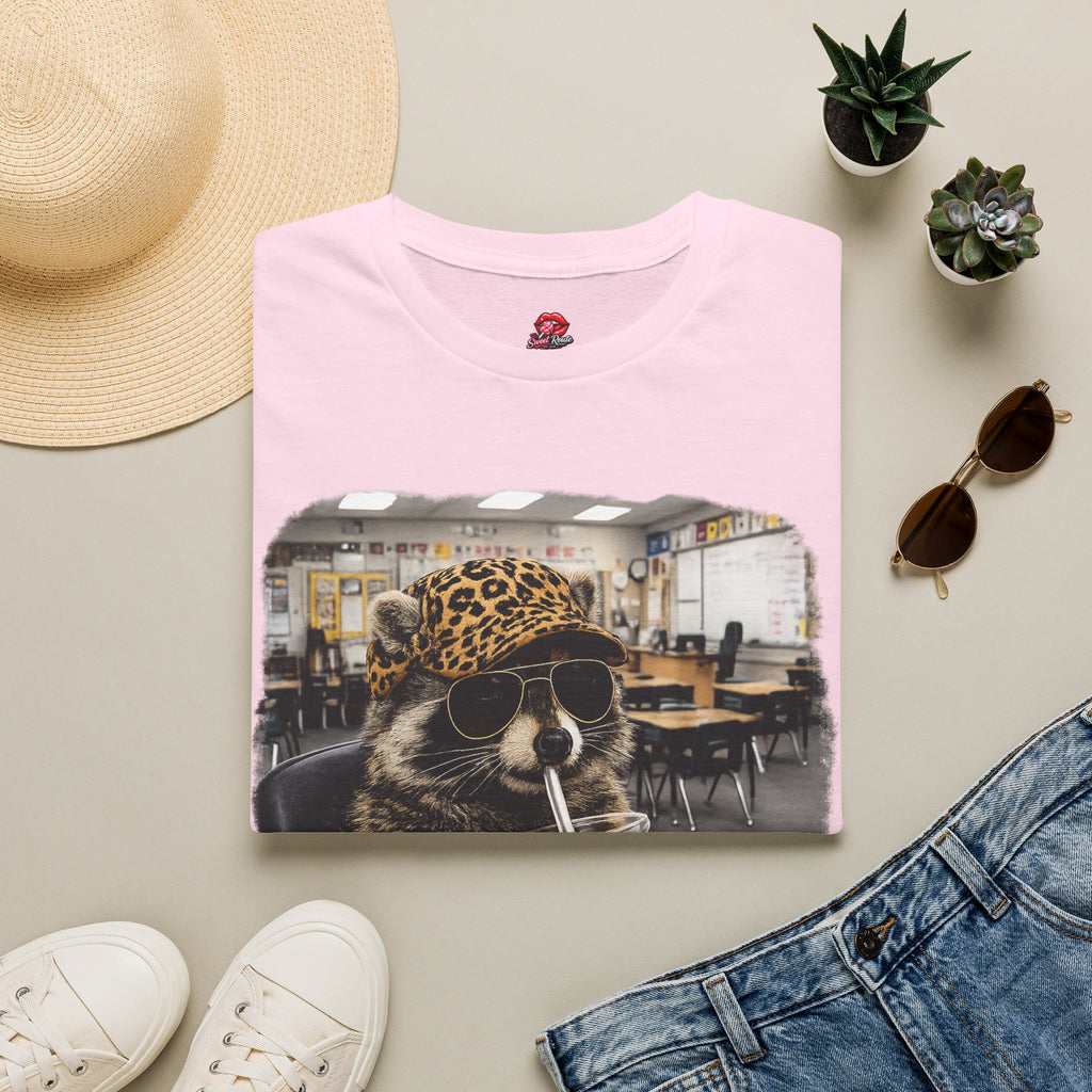 Cute Raccoon Drinking Boba T-Shirt | Leopard Bucket Hat Graphic Tee | Funny Bubble Tea Lover Shirt | Kawaii Animal Unisex Gift
