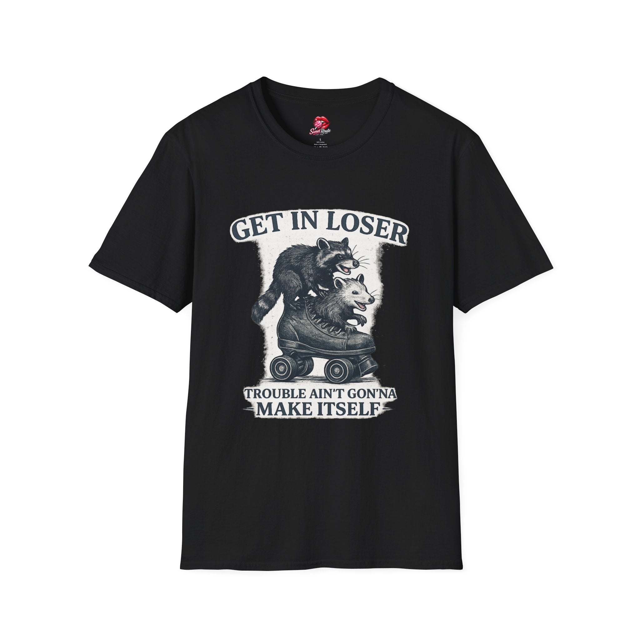 Get In Loser raccoon and opossum illustration T-Shirt