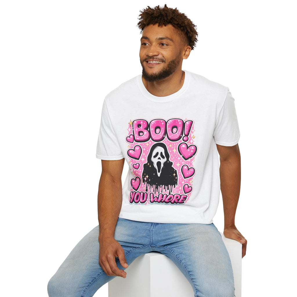 BOO Ghost with Pink Hearts T-Shirt | Cute Coquette Halloween Shirt | Pink Ghost Graphic Tee | Spooky Cute Fall Shirt | Girly Halloween Gift