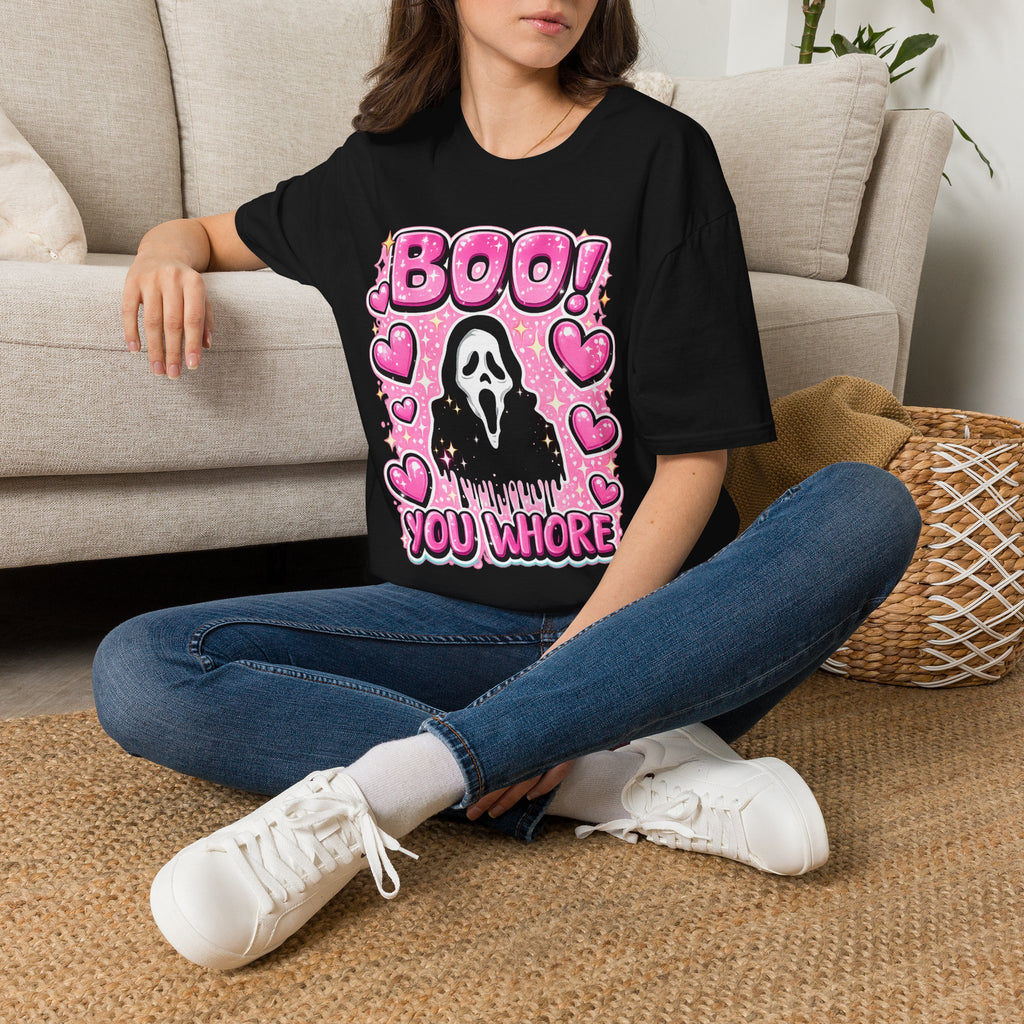 BOO Ghost with Pink Hearts T-Shirt | Cute Coquette Halloween Shirt | Pink Ghost Graphic Tee | Spooky Cute Fall Shirt | Girly Halloween Gift