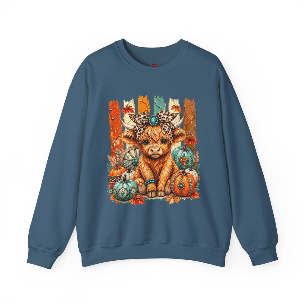 Autumn Highland Cow Crewneck Sweatshirt — Cute Fall Pumpkin Farm Sweatshirt