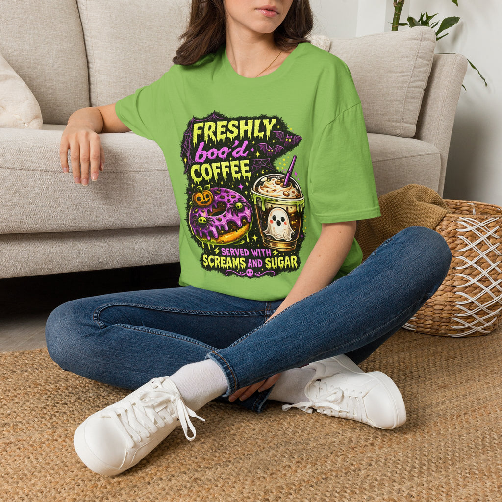 Freshly Boo’d Coffee & Donuts Halloween T-Shirt | Cute Ghost Coffee Graphic Tee | Spooky Donut Lover Shirt | Fall Coffee Lover Gift | Retro Halloween Tee