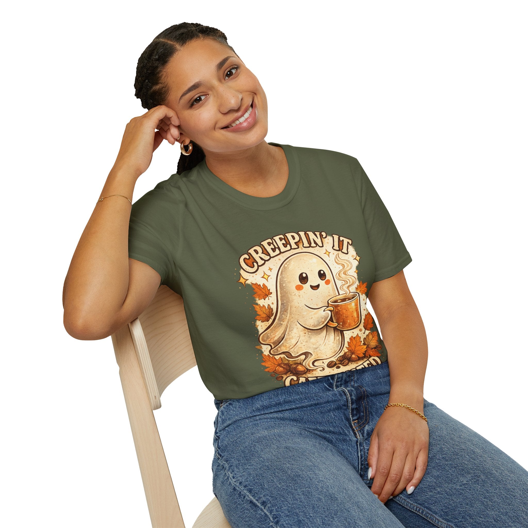 Creepin' It Ghost Coffee Shirt | Cute Halloween Coffee Tee | Fall Ghost Graphic T-Shirt | Spooky Season Coffee Lover Gift