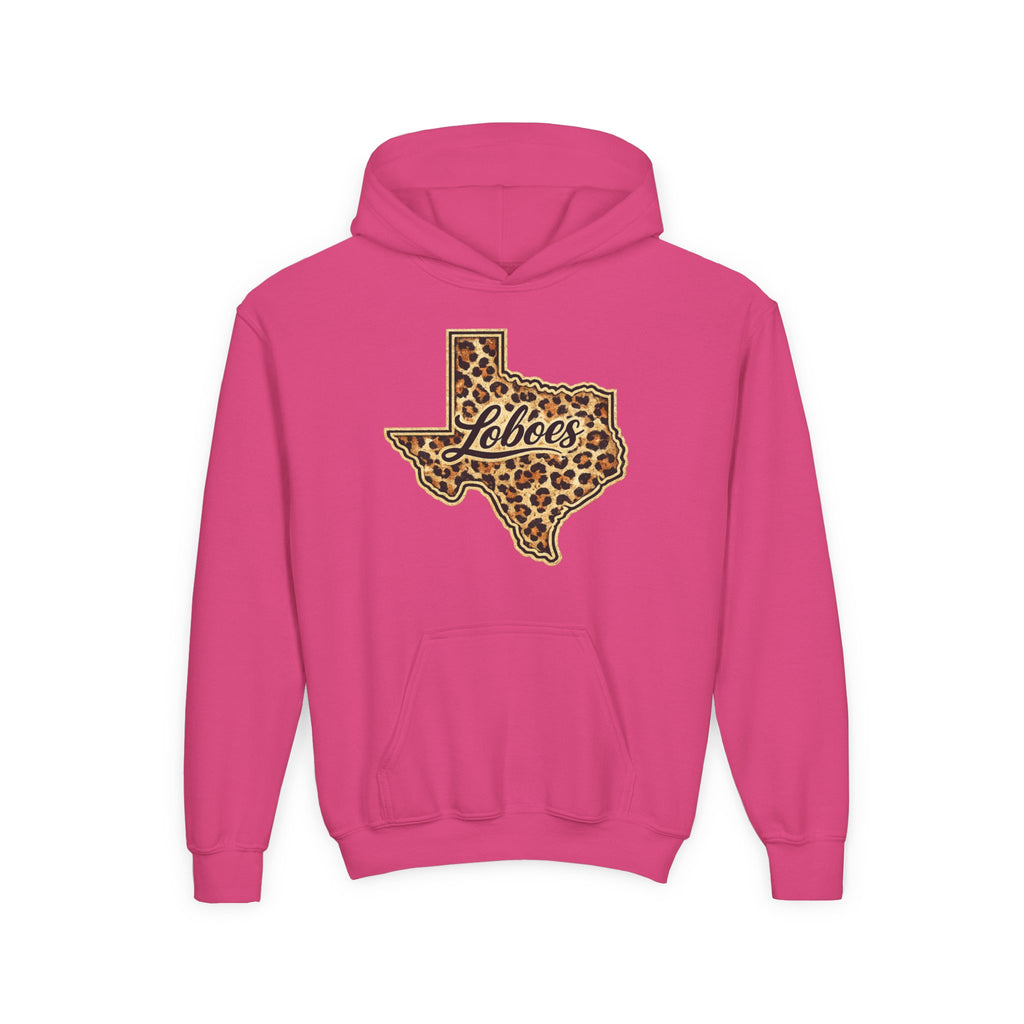 Texas Lobos Youth Hoodie — Leopard Print State Logo Sweatshirt