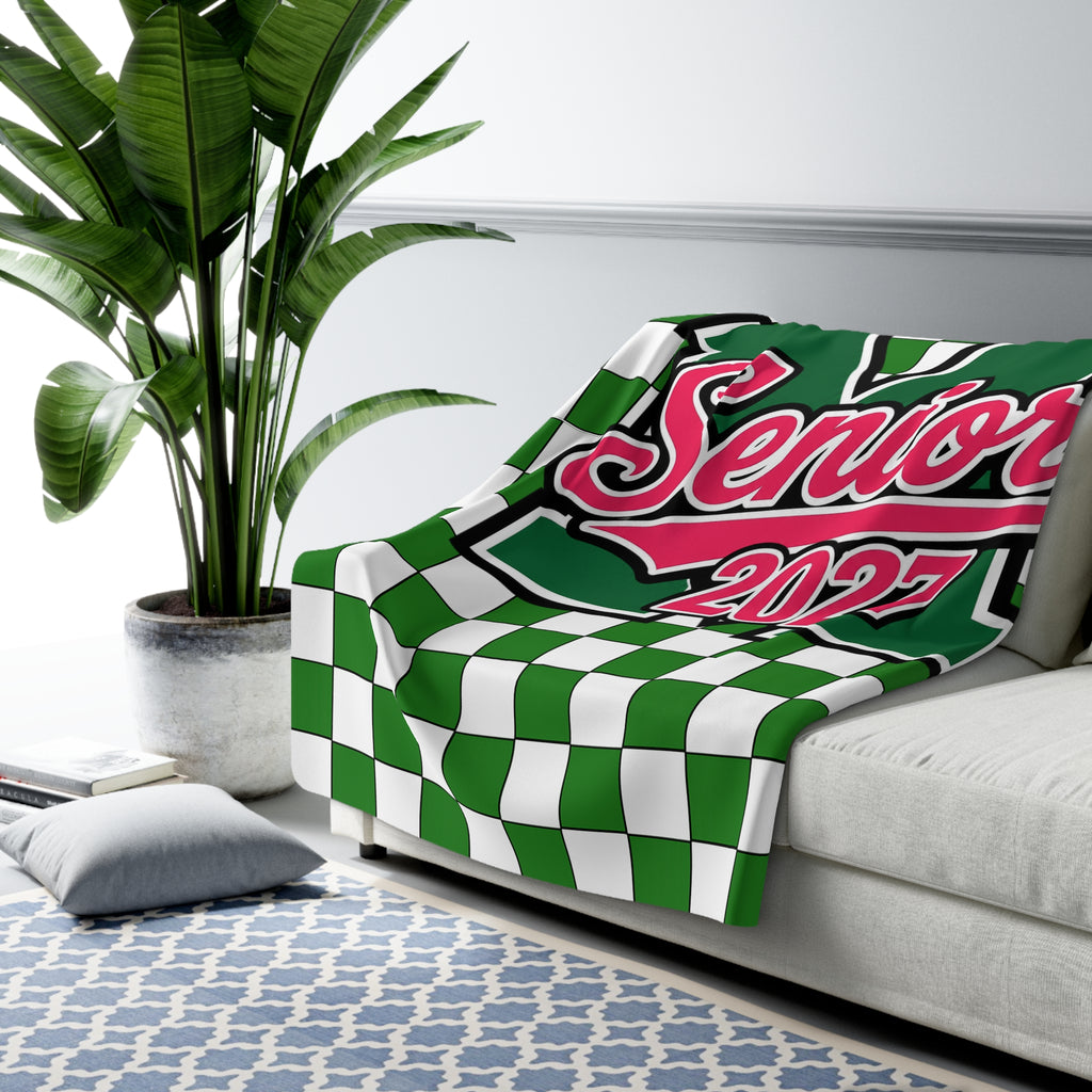 Senior 2027 Sherpa Fleece Blanket – Green Checkerboard Graduation Throw