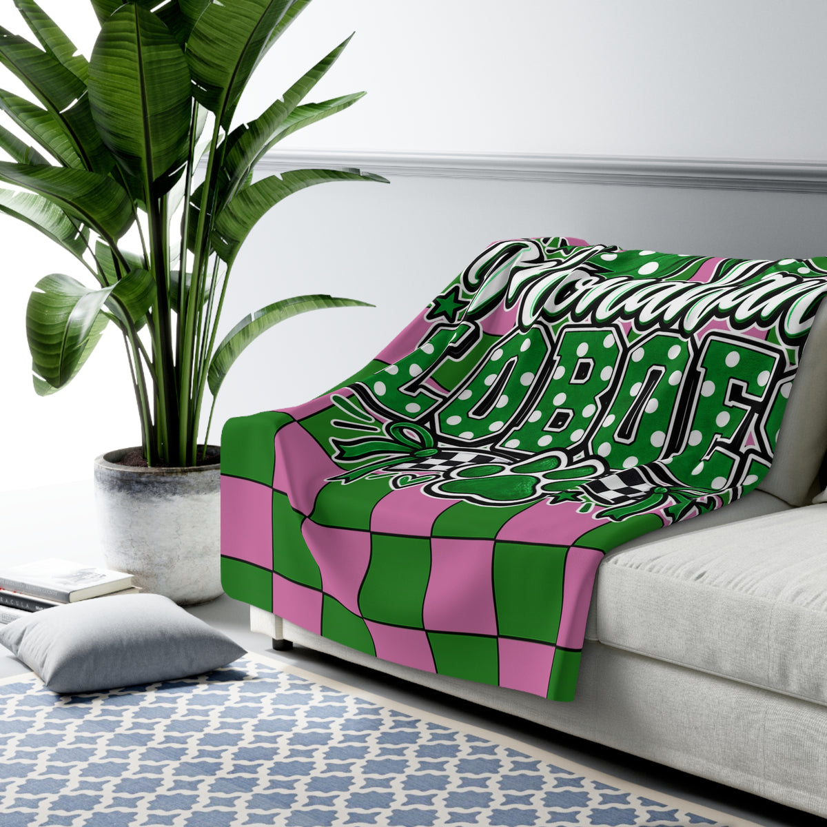 Monahan’s Loboes Sherpa Blanket — Pink & Green Team Plaid Fleece
