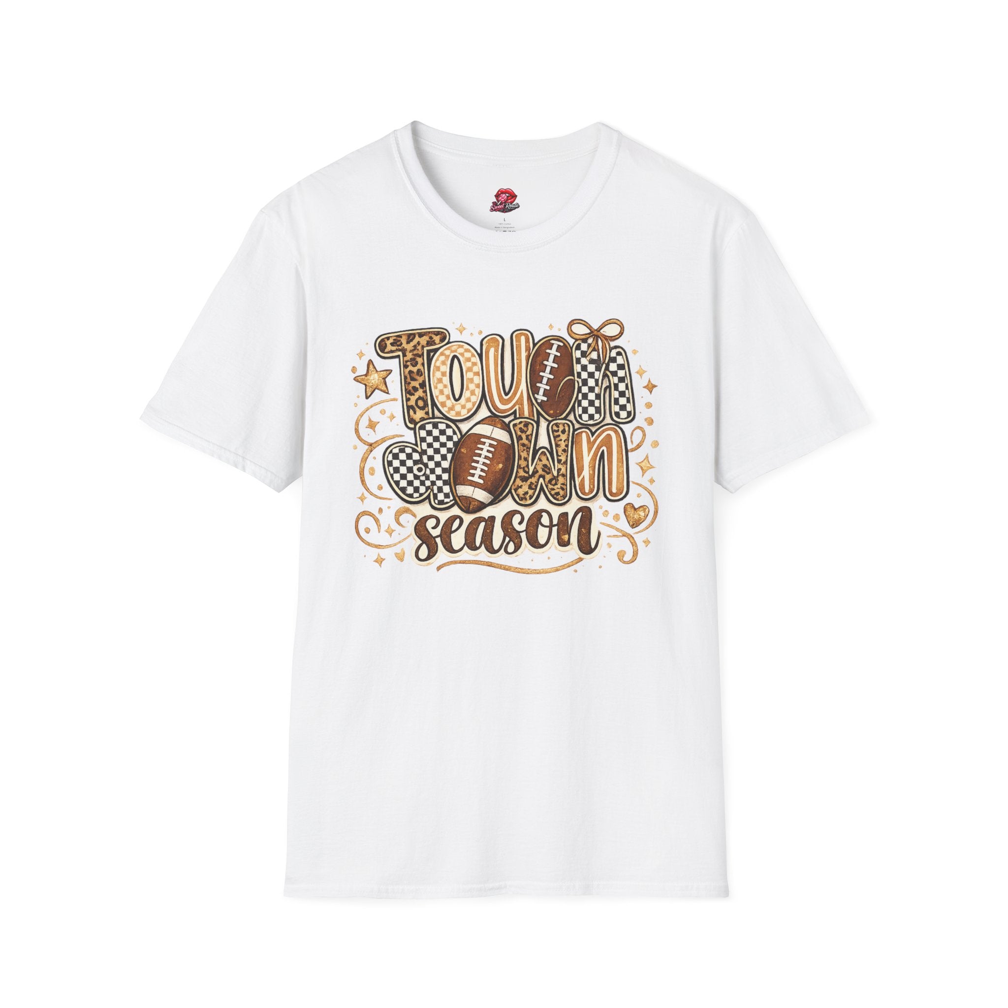 Touchdown Season Leopard & Checkered Football T-Shirt | Cute Game Day Graphic Tee | Women’s Football Season Shirt